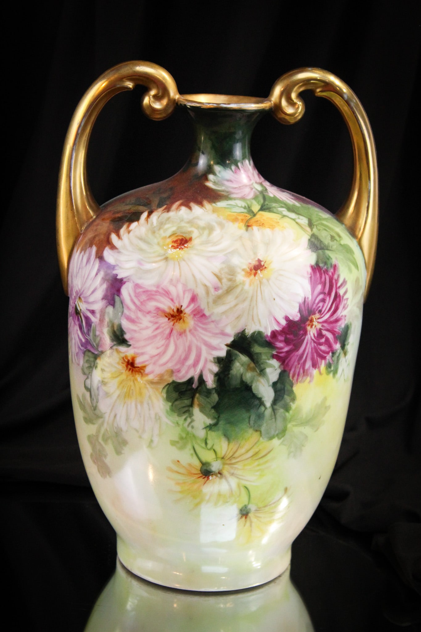JPL France Limoges 13" Hand Painted Porcelain Gilt Vase: Stunning 13 1/2" tall signed "JPL, France" hand painted porcelain chrysanthemum decorated vase. Lot of gold embellishments too. Fine piece.