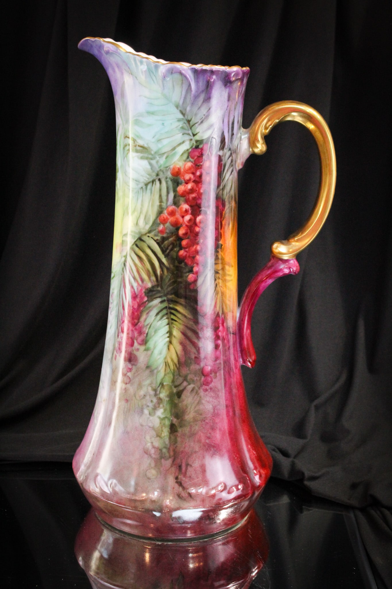 T&V Limoges Hand Painted 15" Porcelain Tankard: Look at the colors of this phenomenal tankard! Deep vibrant colors on this beautiful piece decorated with elderberries. The best of the best here!