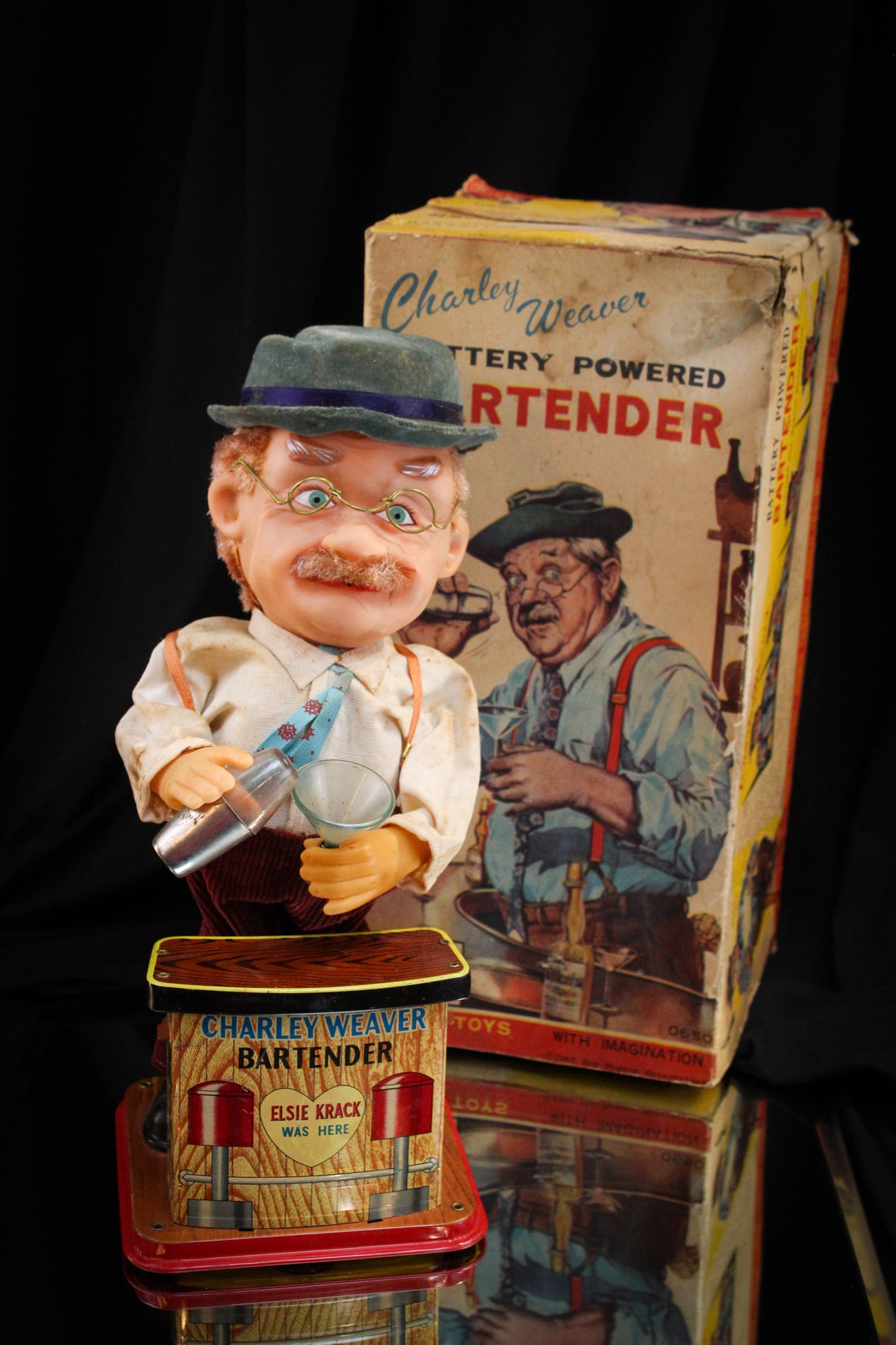 Rosko Charlie Weaver Mechanical Toy Bartender with Box: Great with original box Rosko "Charlie Weaver Bartender" mechanical toy with original box. Untested. Quite the cutie.