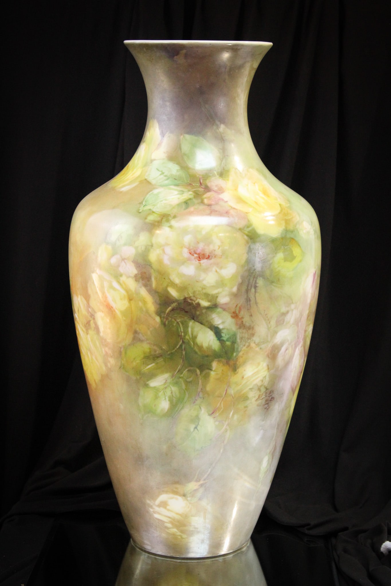 Lenox Belleek 22" Monumental Hand Painted Porcelain Roses Vase: Incredible 22" tall signed "Lenox Belleek" monumental hand painted roses floor vase adorned with roses all over.