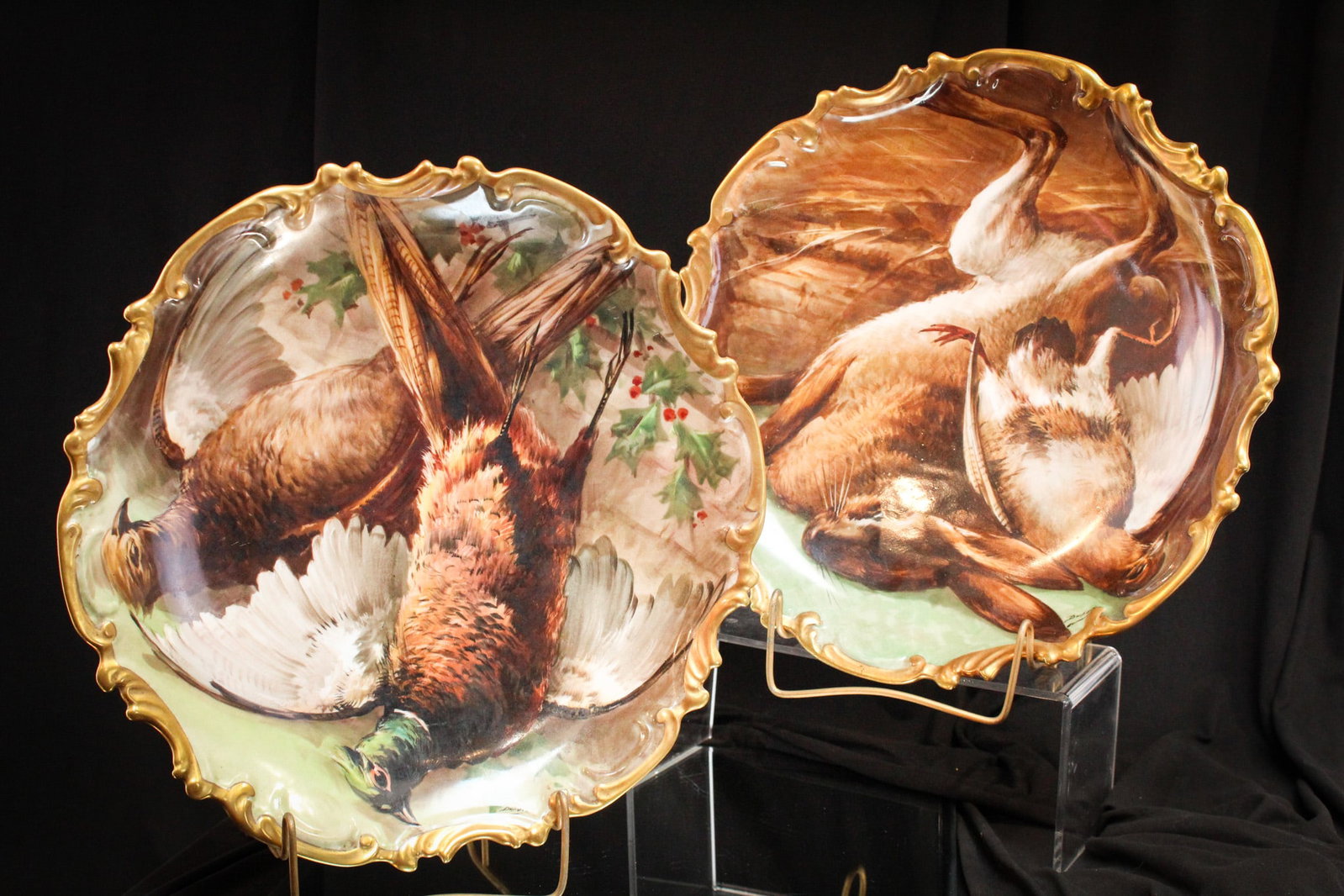 2 pc Lot Limoges Hand Painted Porcelain Dubois Game Chargers: Great pairing of two signed " Limoges" game chargers.One with rabbit and bird. The other with two birds. Both signed by artist "Dubois".
