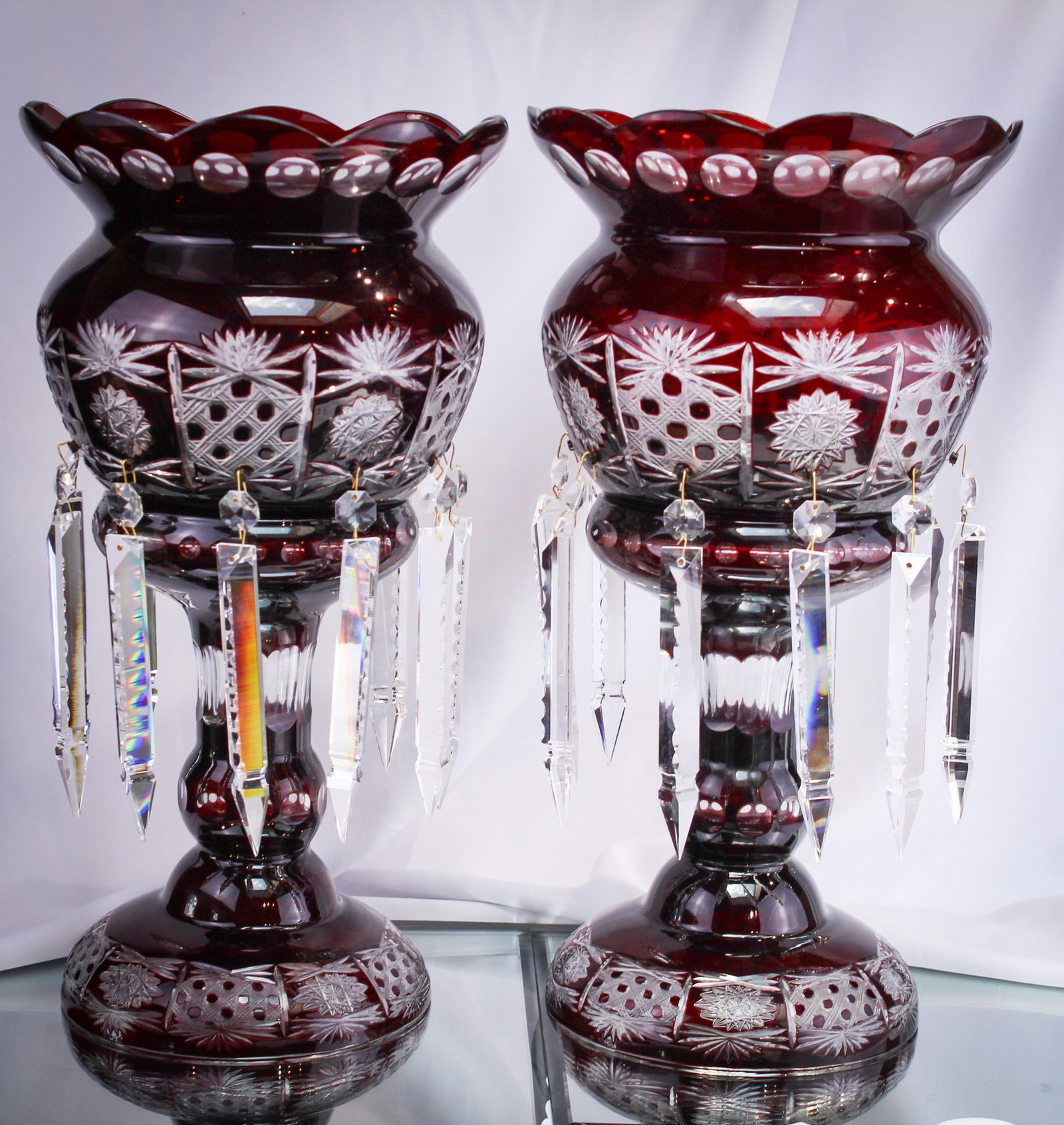 Massive Bohemian Pair Ruby Cut to Clear 18" Mantle Lusters: Absolutely fit for a mansion, this pair of of Bohemian lusters is massive. Each measures 18 1/4" tall and about 9" across.