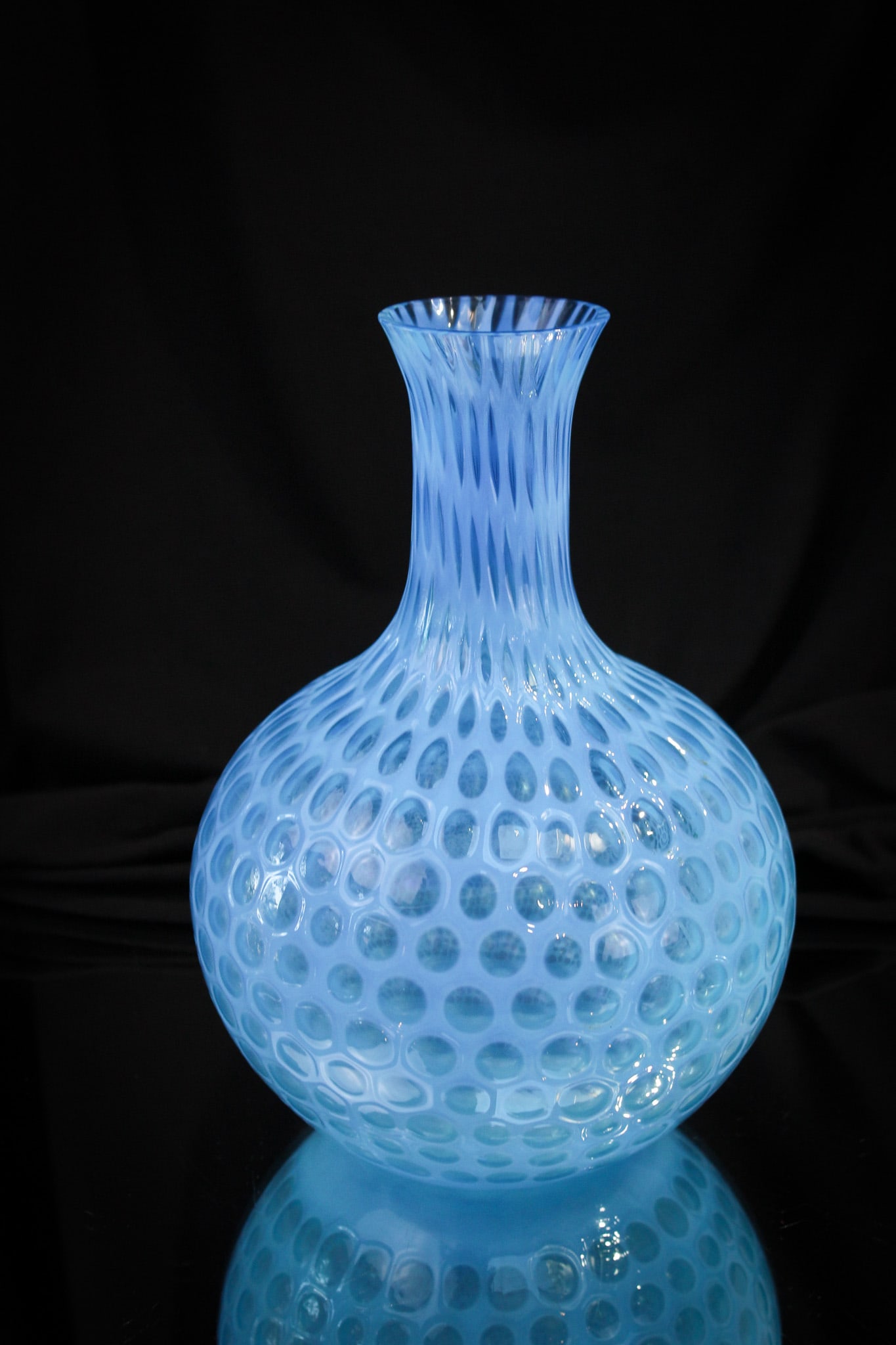 Rare Blue Opalescent Windows Water Bottle Caraffe: Not many of these are seen and this is a honey of an example. Great color and opal to this rare find in Hobb's "Windows" pattern. Truly a rare find!