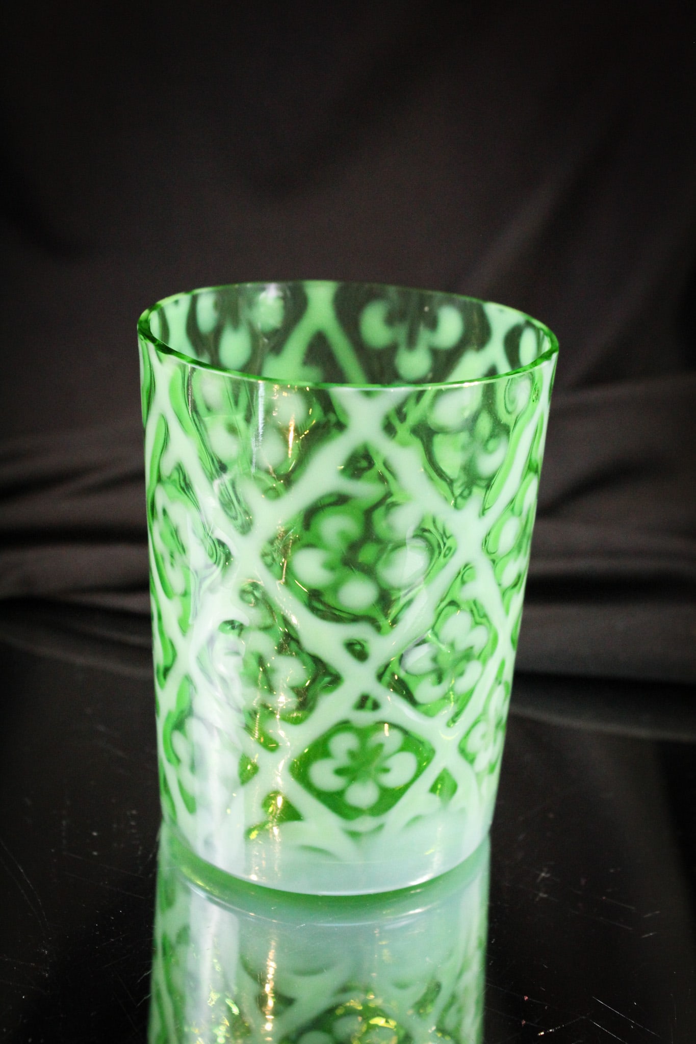 Rare Green Opalescent Daisy in Criss Cross Tumbler: If you need this tumbler and pass this one up, good luck finding another. This is a hard to find tumbler in green opal. Don't miss your chance.