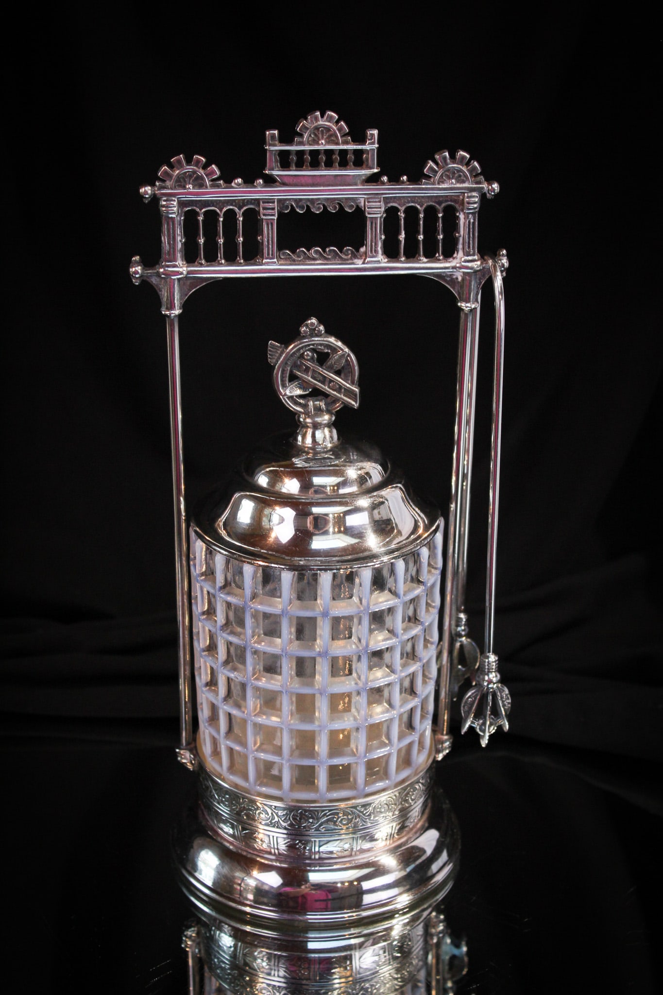 Brooklyn Silverplate Beatty Waffle Opalescent Pickle Castor: Great silverplate castor frame signed "Brooklyn Silverplate" complete with crisp white opalescent "Beatty Waffle" pattern jar. Shouldn't you have this in your collection?
