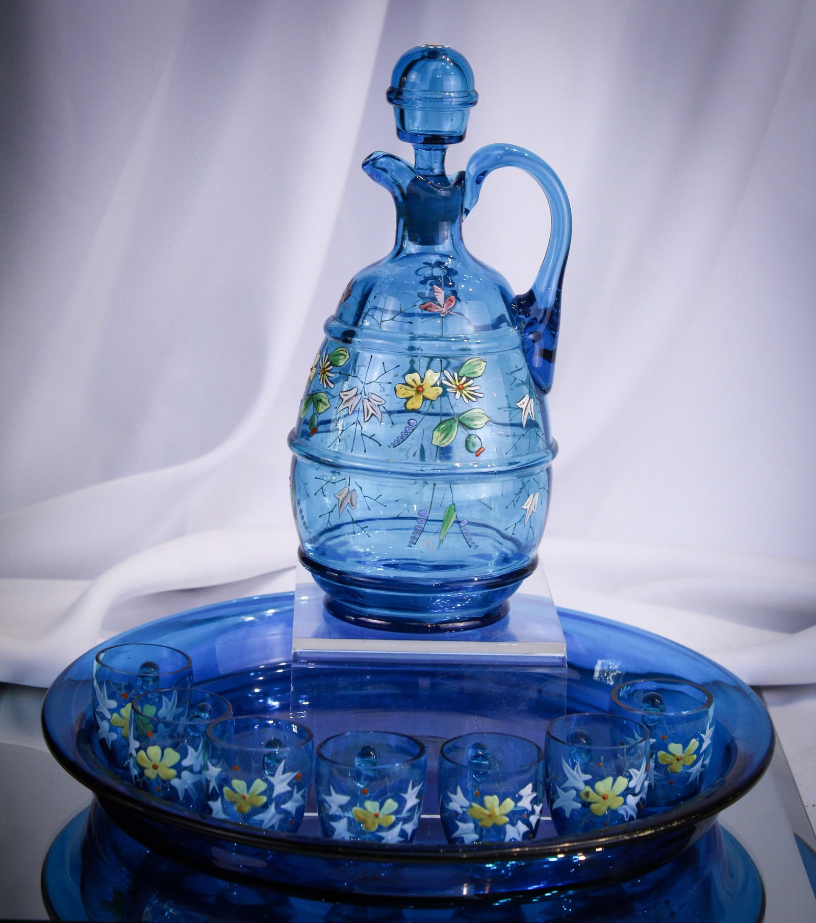 Prussian Blue Victorian Glass 9 pc Decanter Cordial Set: Beautiful Prussian blue Victorian glass enameled glass nine piece decanter cordial set complete with tray and seven individual cups.