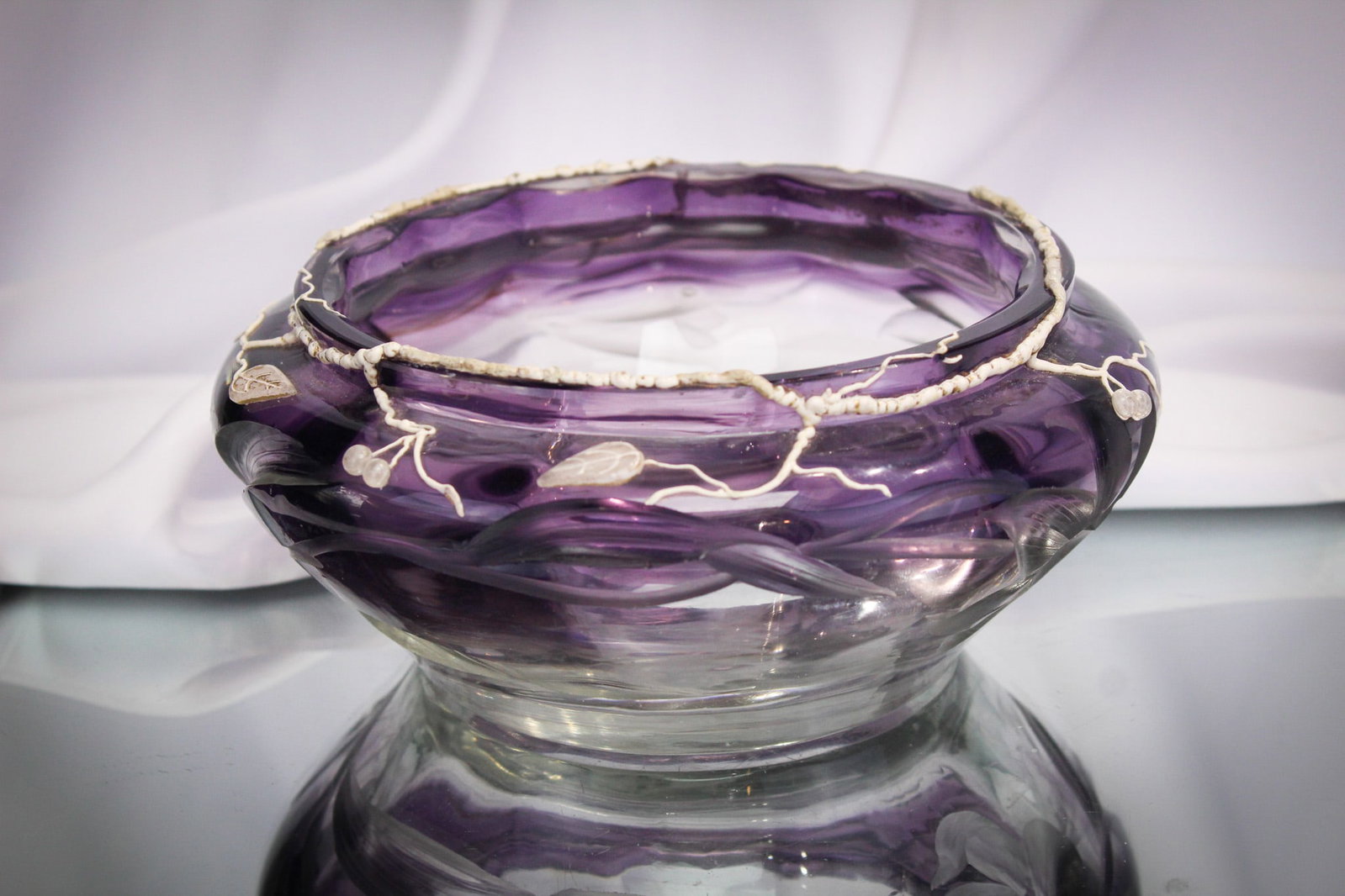 Incredible Moser Amythest Intaglio Glass Low Vase: Incredible Moser glass intaglio cut low form shaded amythest glass floral cut vase. Piece has built up decoration and applied leaves and berries. Museum piece and so unusual. Measures 3 1/4" tall, 8" 