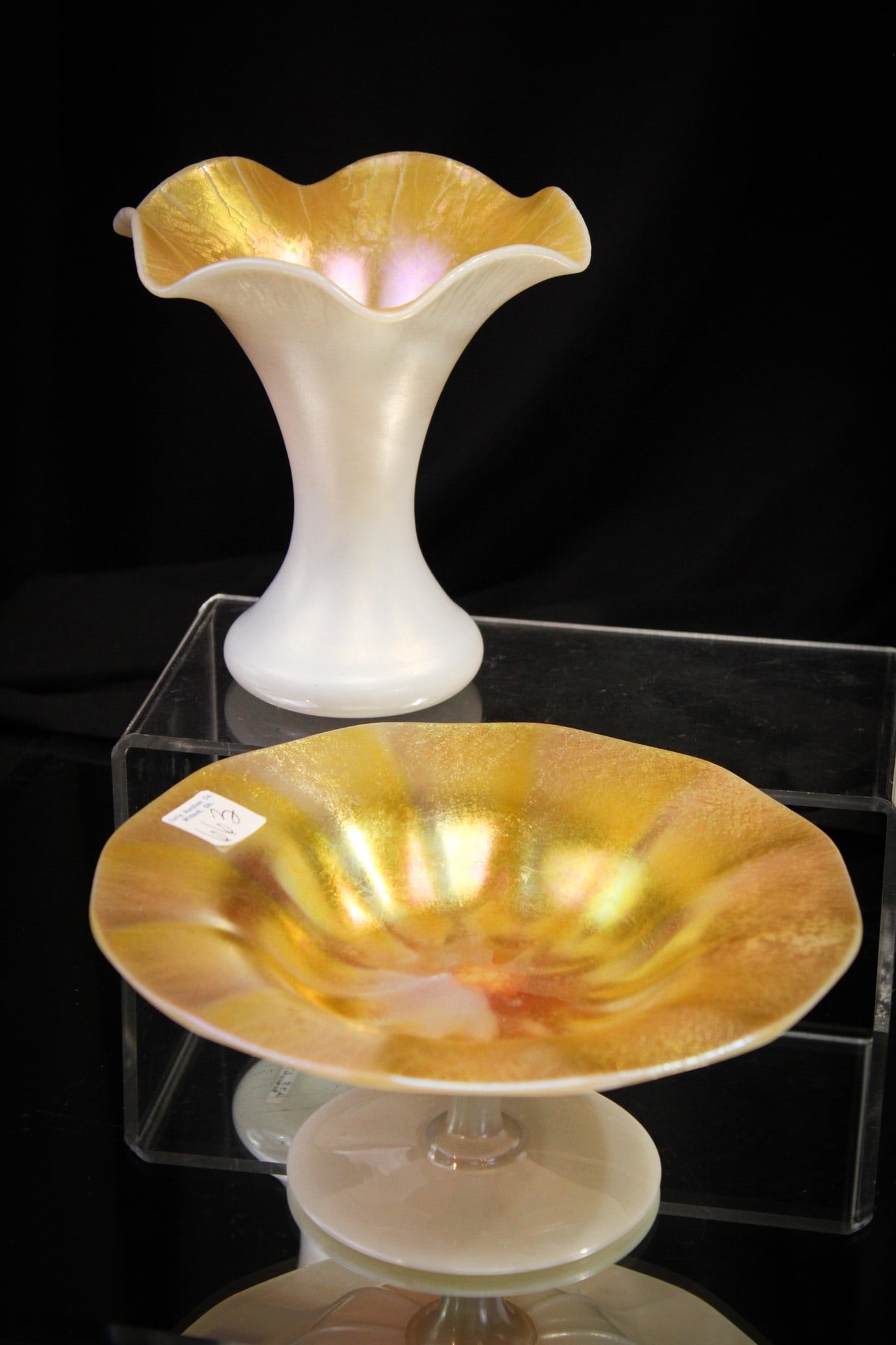 2 pc Lot Steuben Glass Gold Aurene on Calcite: Fine two piece Offering of Steuben glass in Gold Aurene on Calcite. Two great classic forms in a vase and compote. Tallest measures 5 1/2".