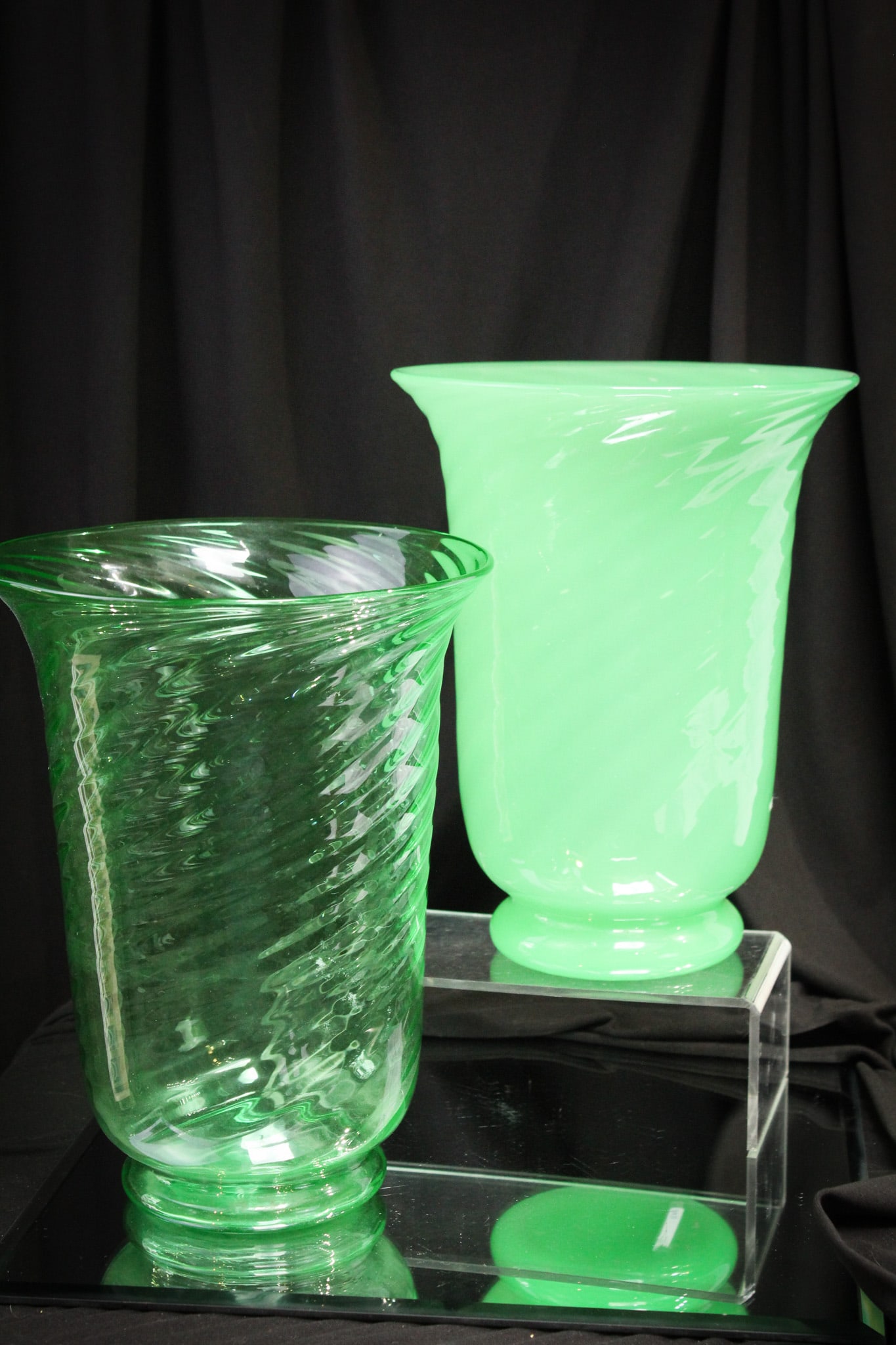 2 pc Lot Steuben Glass Pomona & Jade Green: Nice pairing of two fine examples of Steuben vases. One in Pomona Green. The other in Jade Green.