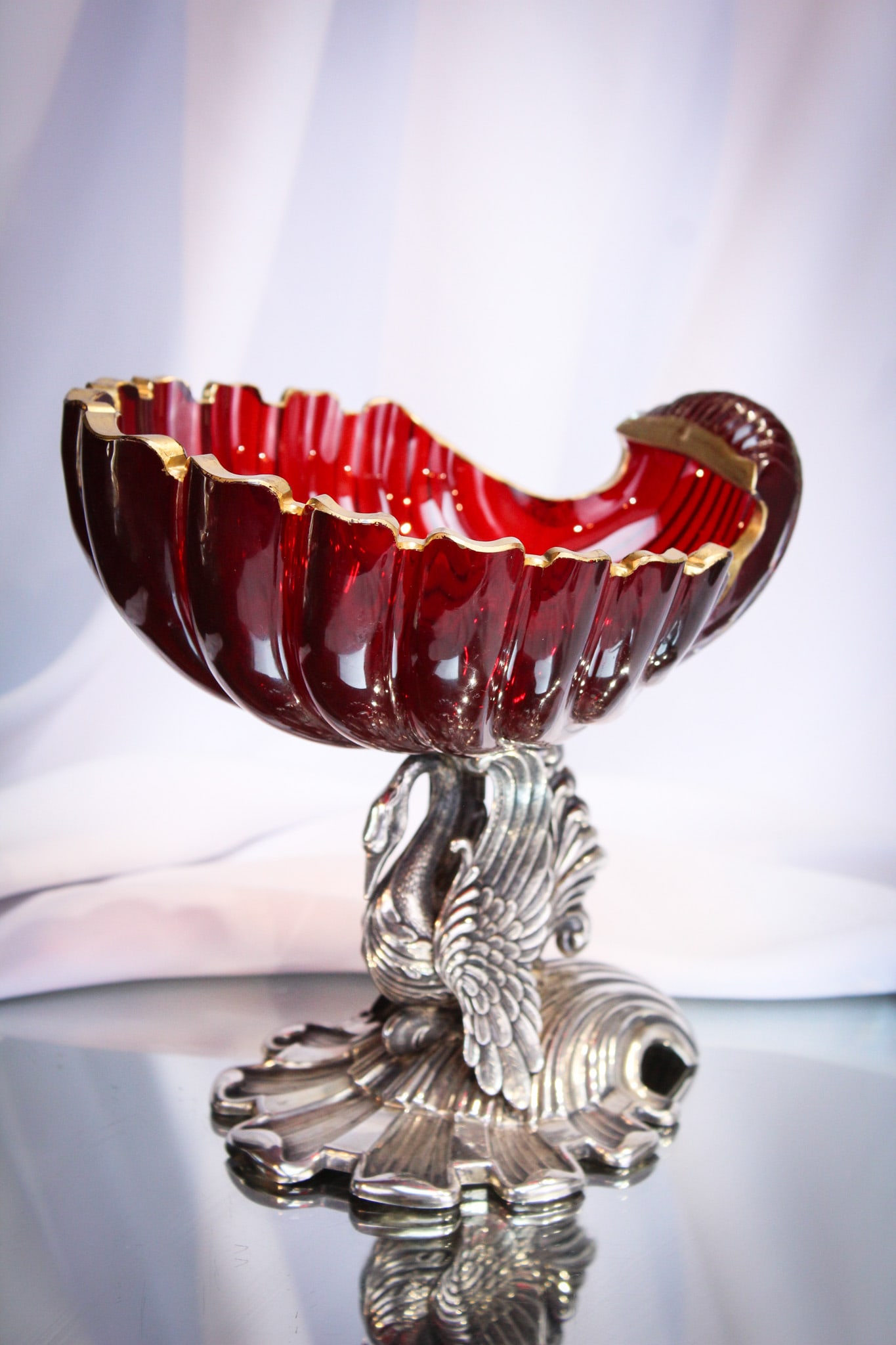 Figural Ruby Glass & Silverplate Swan Compote: Beautiful ruby glass shell form bowl atop a figural silverplate swan making up this wonderful compote.