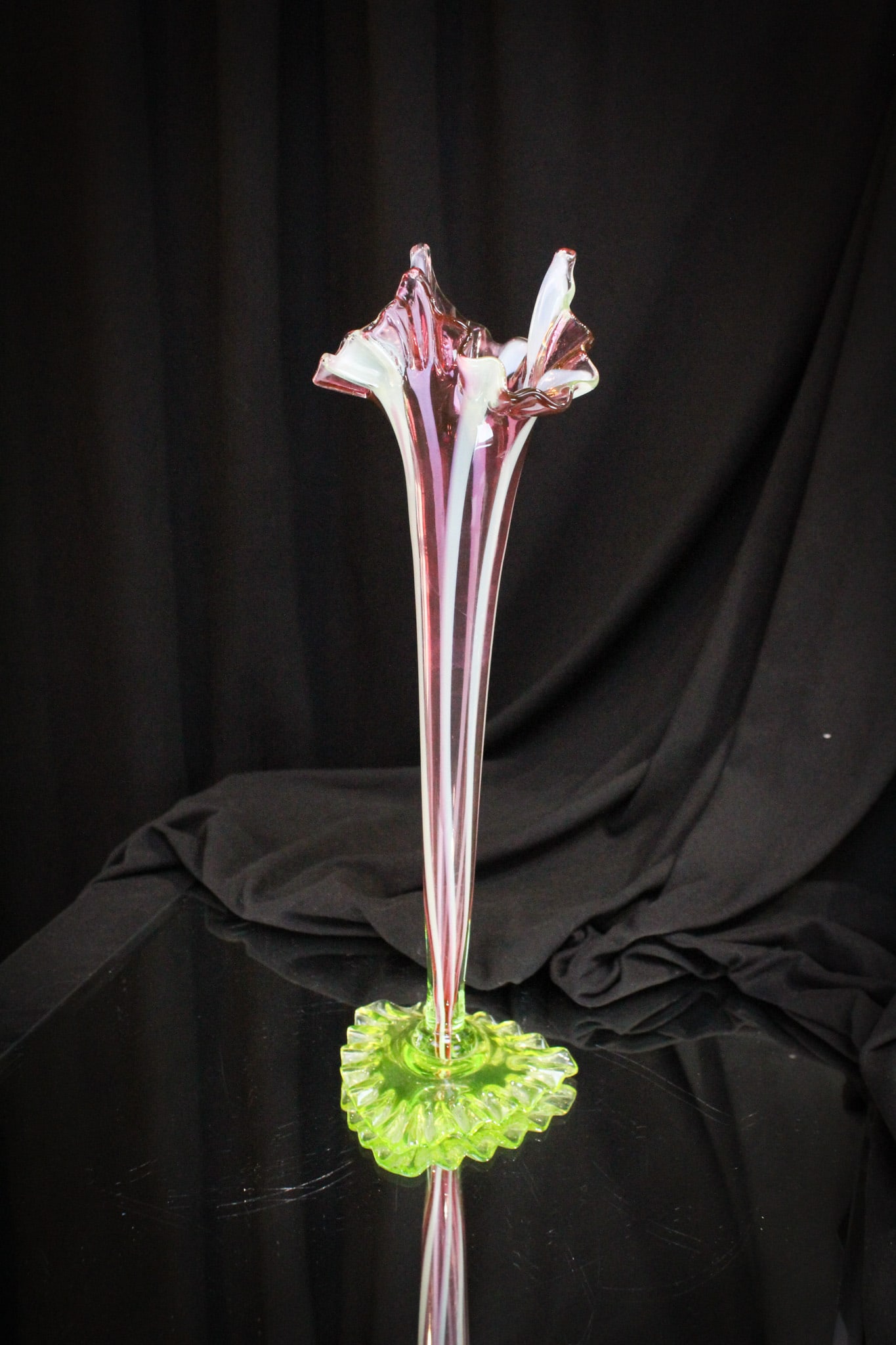 Cranberry Ribbon Stripe Vaseline Lily 12" Vase: Beautiful cranberry ribbon stripe lily vase with applied vaseline foot. Nice size if you like them big. This one's 12" tall to the top!