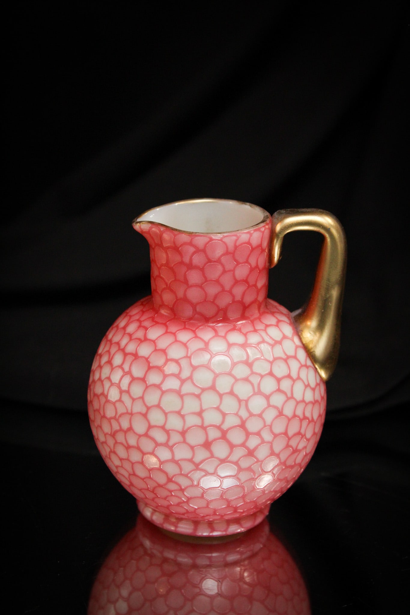 Webb Fishscale Victorian Cameo Glass Miniature Pitcher: The amount of work that went into this fine piece of Webb "Fishscale" pattern cameo glass is amazing. This little cutie measures a tiny 3 3/4" tall.