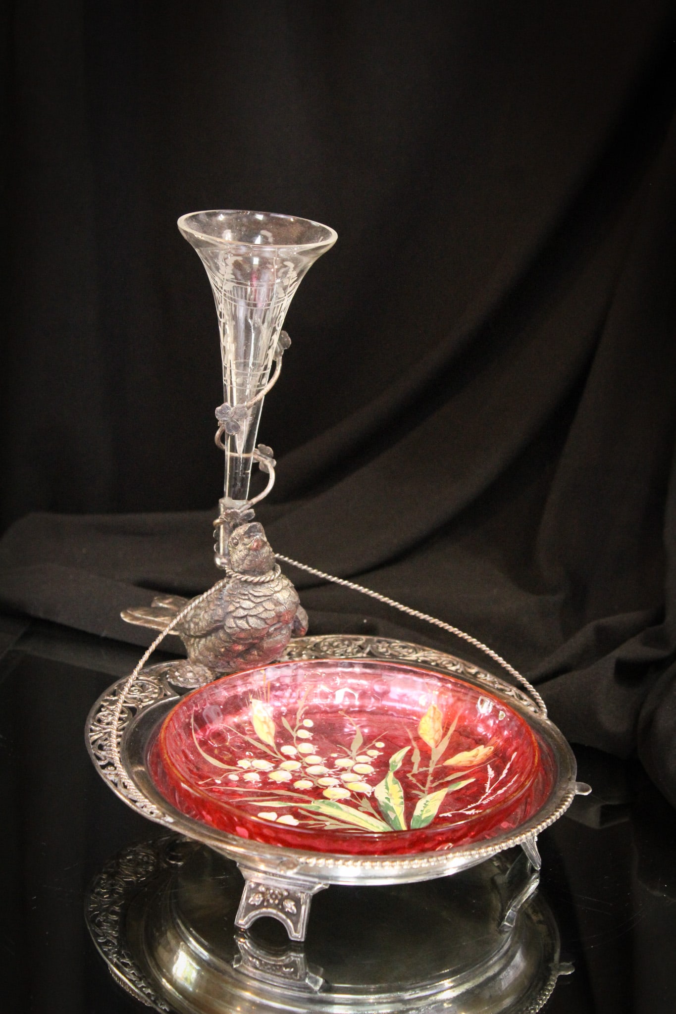 Middletown Victorian Cranberry Fgiural Bird Calling Card Tray: Sweet signed "Middletown" silverplate figural calling card tray. Piece features a full figure walking bird along with clear bud vase with etching and a cranberry enameled glass tray insert decorated w