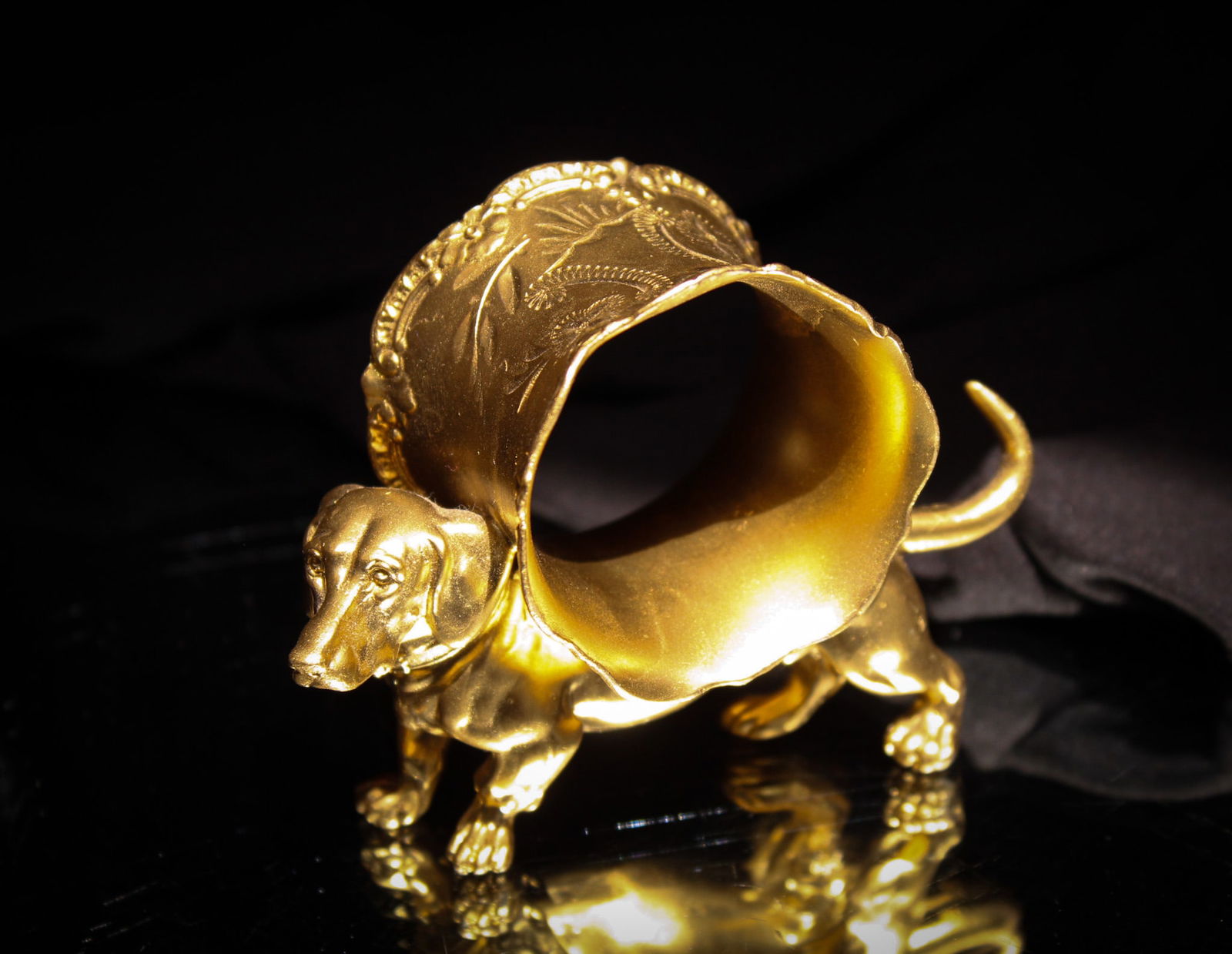 Victorian Dachshund Gilt Figural Napkin Ring: Sweet little Victorian figural napkin ring with a Dachshund pooch. Charming little guy.