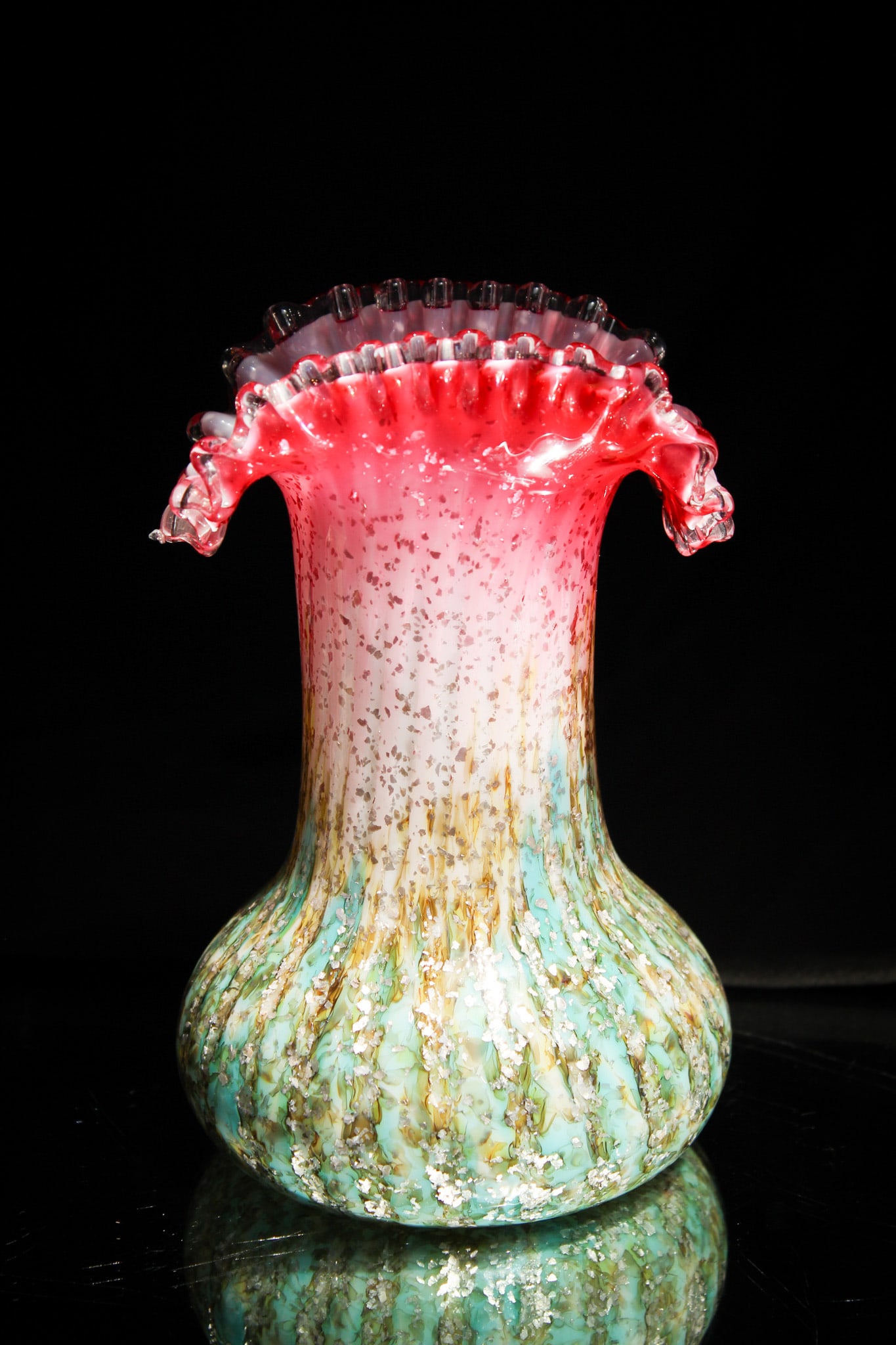 Stevens & Williams Glass Vasa Murrhina Victorian Vase: Gorgeous color and the addition of vasa murrhina make this vase attributed to Stevens & Williams one incredible piece of art glass. Graduated color and loads of mica and ribbed pattern set this apart 