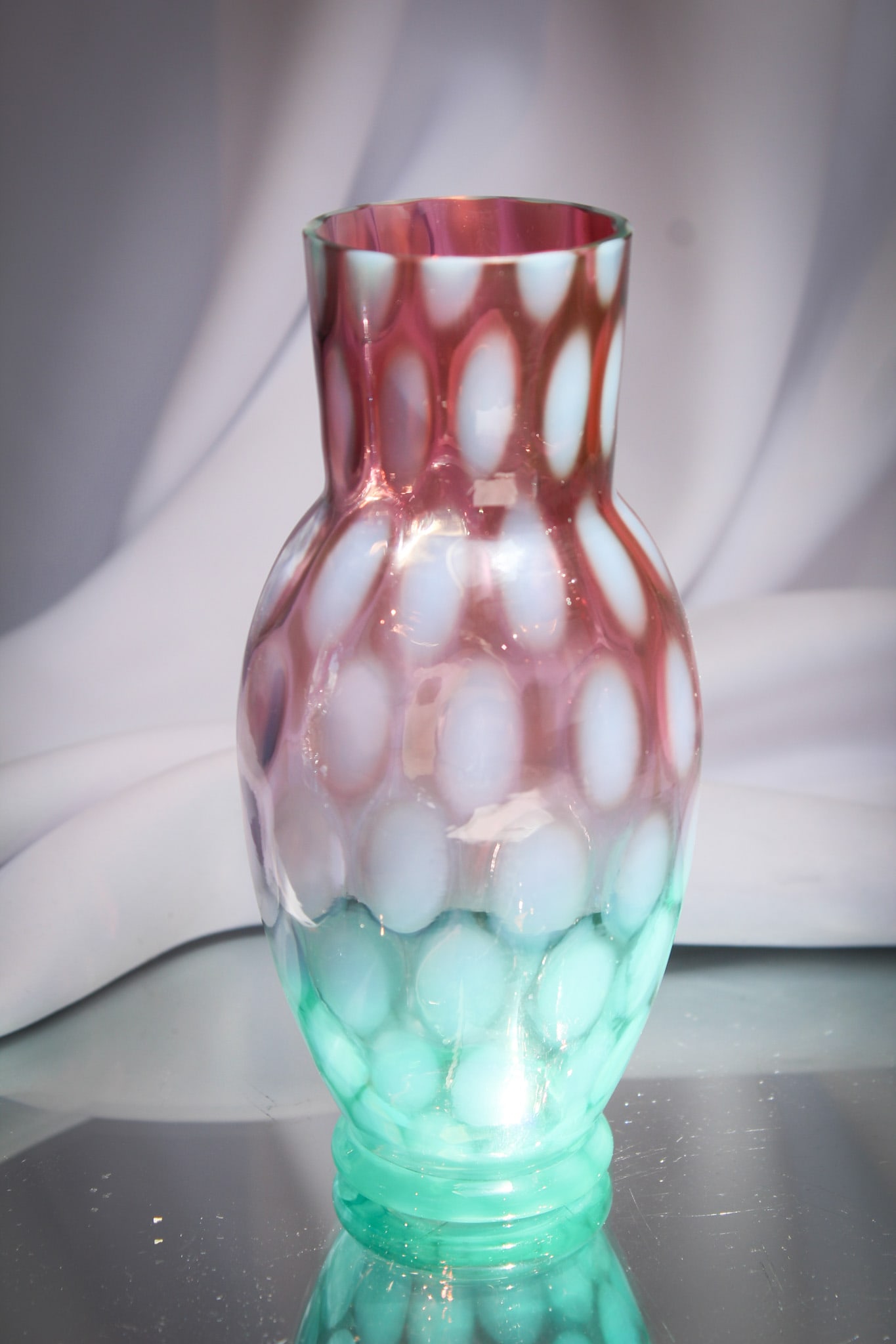 Victorian Bluerina Opalescent Coinspot Victorian vase: Fine piece of seldom found bluerina with opalescence. This one has coinspots around. Nice coloring as well.