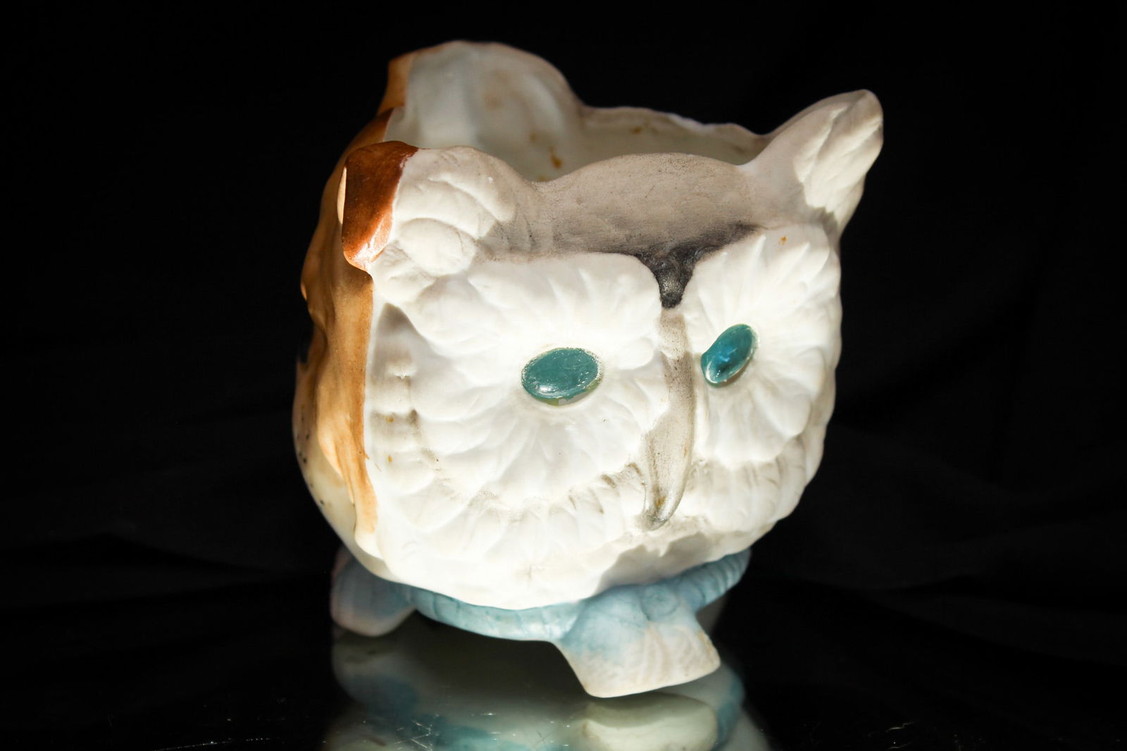 Bisque Victorian Porcelain 3-face Owl Cat Dog Fairy lamp: Great Victorian bisque fairy lamp. This unique lamp depicts a critter on each side. A dog, a cat, and an owl. Each with glass eyes.