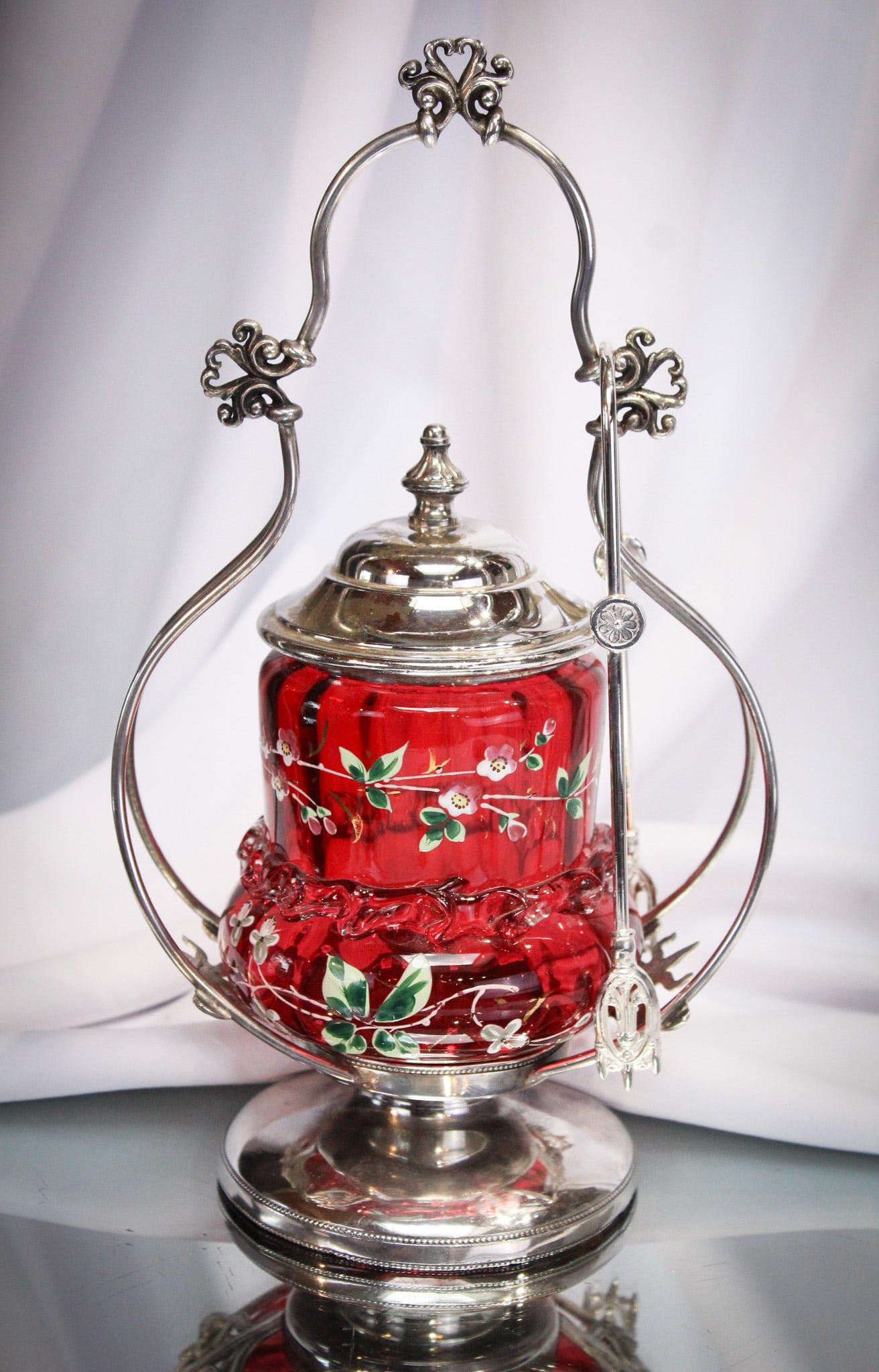 Cranberry Rigaree Barbour Silverplate Victorian Pickle Castor: Fine cranberry Victorian pickle castor complete with applied glass rigaree and enameled floral decoration. This set in a signed "Barbour" silverplate frame. Nice!