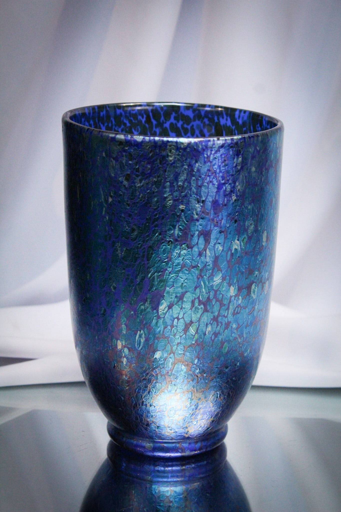 Loetz Blue Irridescent Papillon Oil Spot Austrian Glass Vase: Super example of Loetz "Papillon" in blue. The irridized finish on this piece is fantastic. You couldn't ask for it to be better.