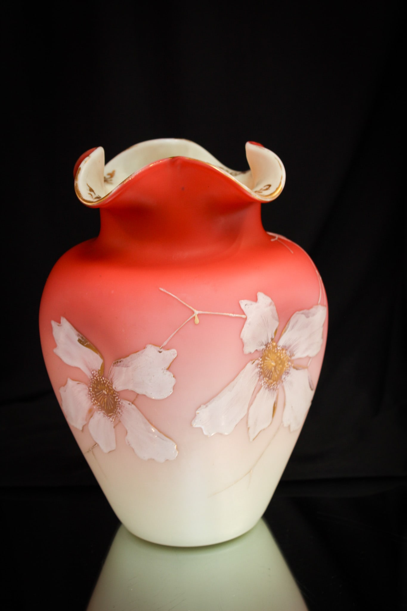 Loetz Enameled Art Glass Vase: Nice example of classic Loetz satin glass enameled with florals and gold trim.