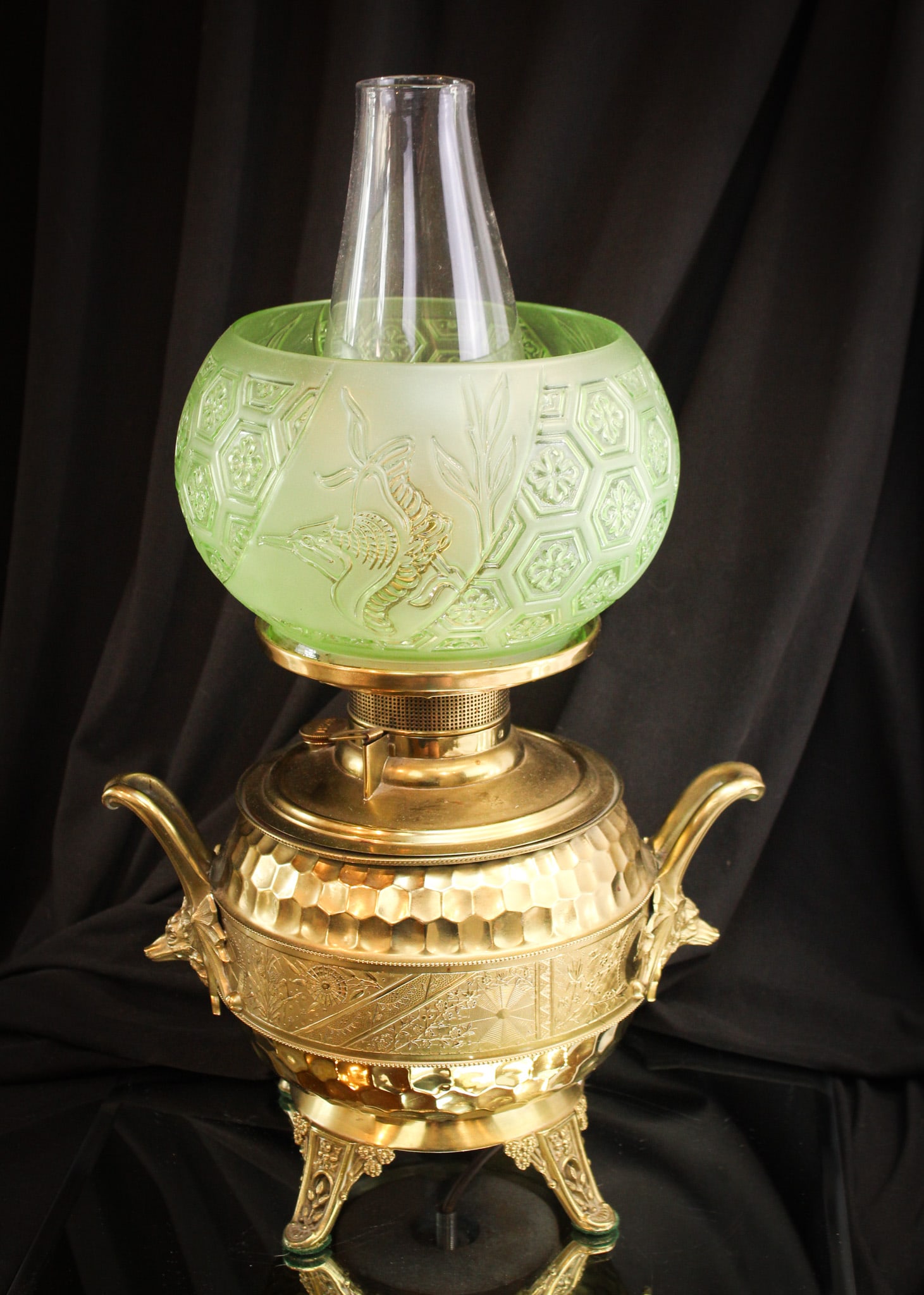 Baccarat Green Vaseline Bradley Hubbard Victorian Oil Lamp: Incredible Baccarat green vaseline glass shade completes this lovely signed "Bradley & Hubbard" Victorian oil lamp with figural fox head handles. Lamp has been electrified.