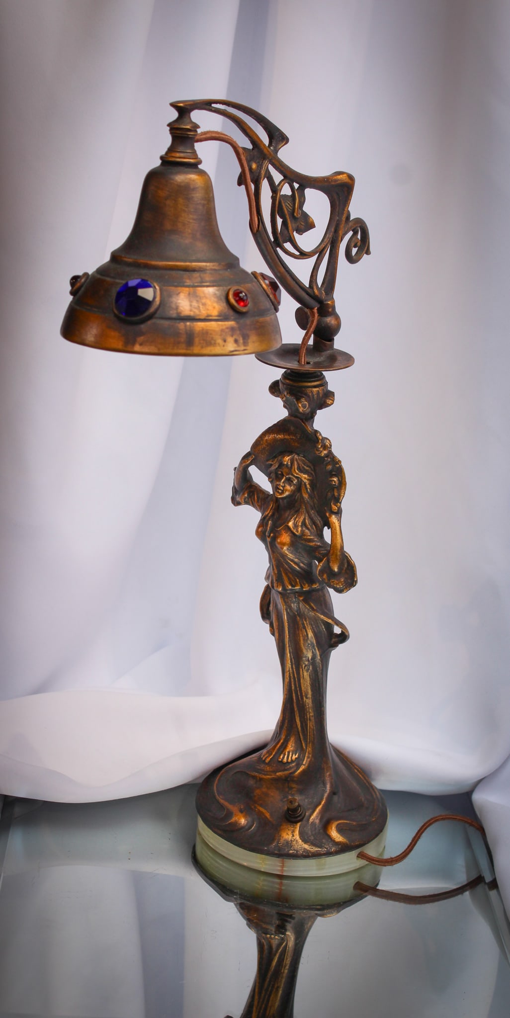 Art Nouveau Jeweled Shade Figural Maiden Lamp: Fantastic jeweled Art Nouveau figural maiden lamp. This lamp features a full figure Art Nouveau maiden and complete with pair of original jeweled shades.