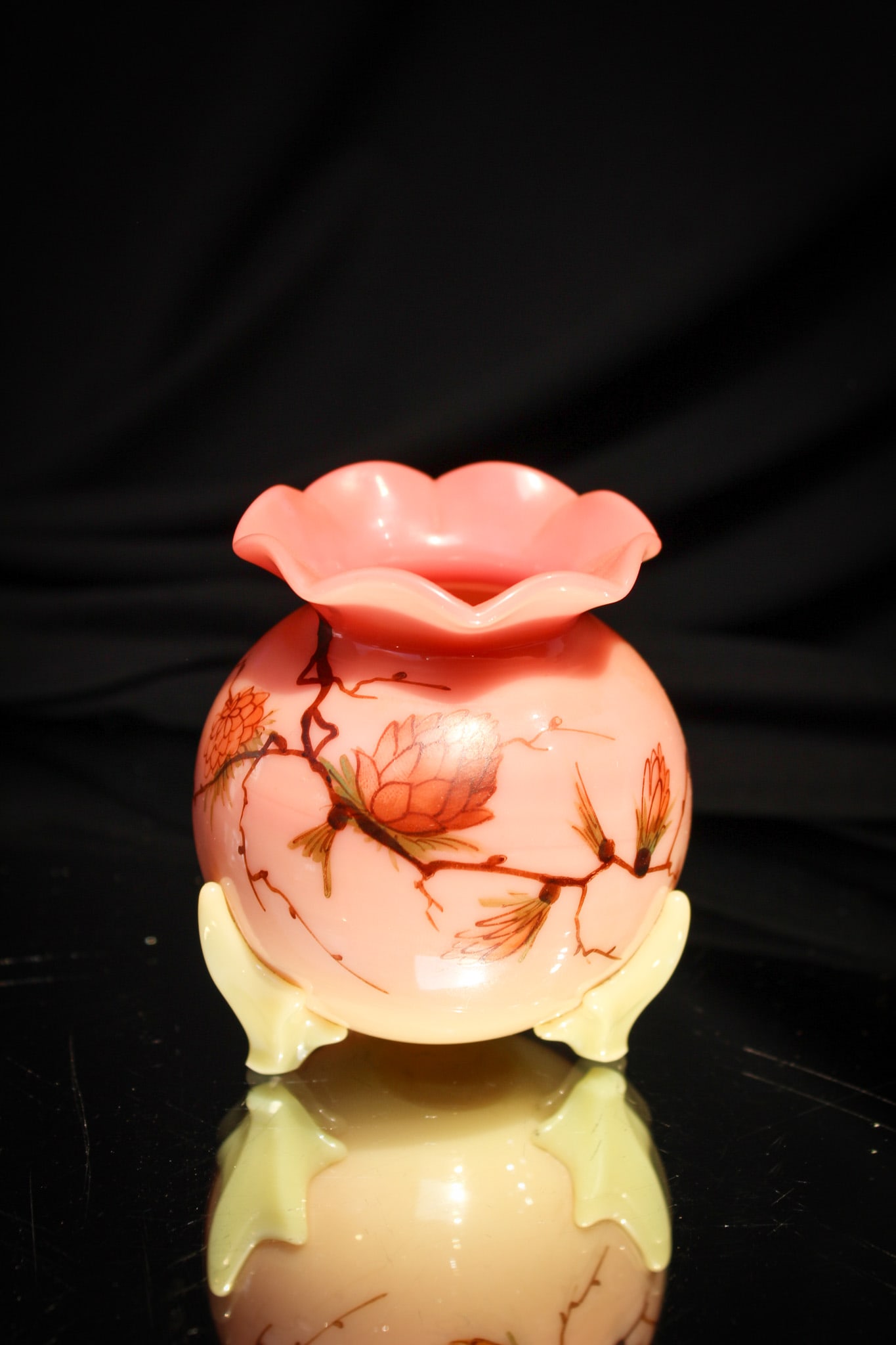 Webb Burmese Victorian Glass Decorated Posey Vase Toothpick Holder: Nice footed example of a Webb burmese decorated posey vase or toothpick holder. You be the judge.