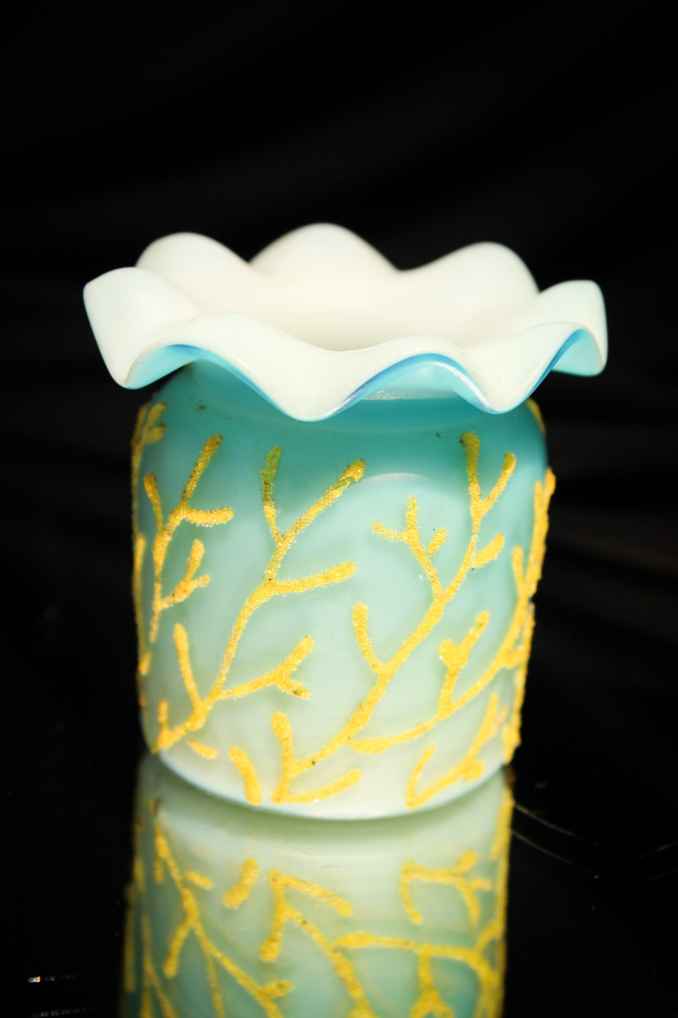 Scarce Blue Satin Ruffle Top Coralene Victorian Toothpick Holder: Great and so seldom ever seen. This fine toothpick holder is in satin blue glass with applied coralene decoration. The best of the best. Only at Magnum Auctions!