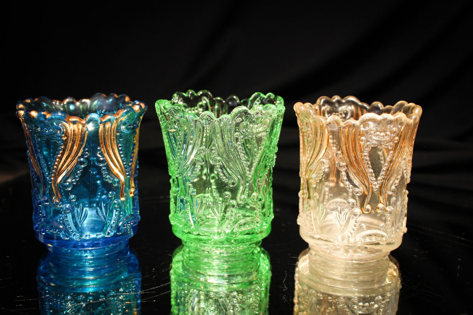 3 pc Lot Victorian Jeffersom Glass Idyll Toothpick Holders: Select offering for all of you Pickies out there. Three fine examples of Jefferson glass "Idyll" pattern Victorian toothpicks. Go find them!