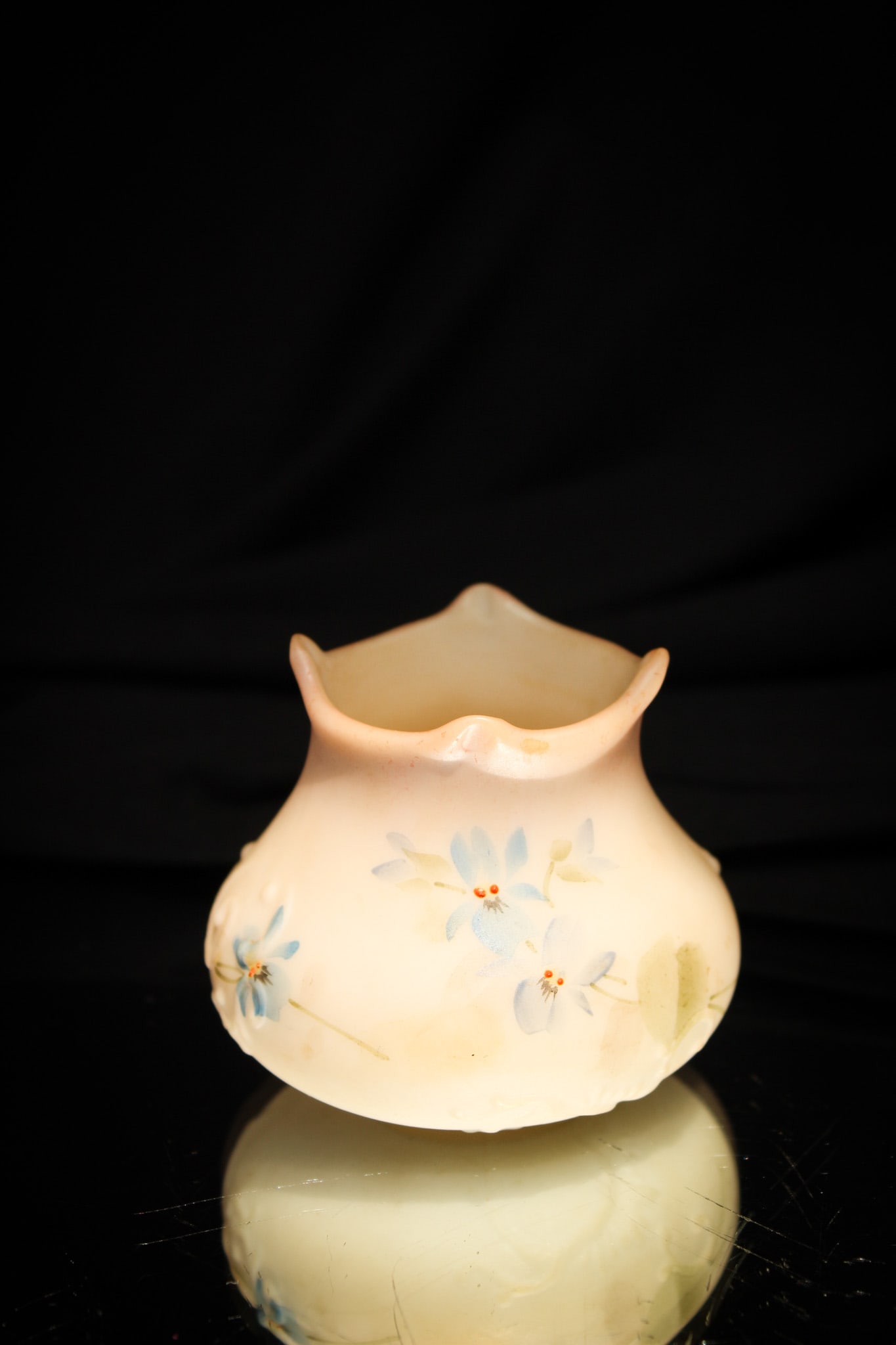 Mt. Washington Glass Lusterless Embossed Scroll Victorian Toothpick Holder: Such a pretty example is this Mt. Washington Lusterless white embossed scroll toothpick holder with enameled florals. Great example!