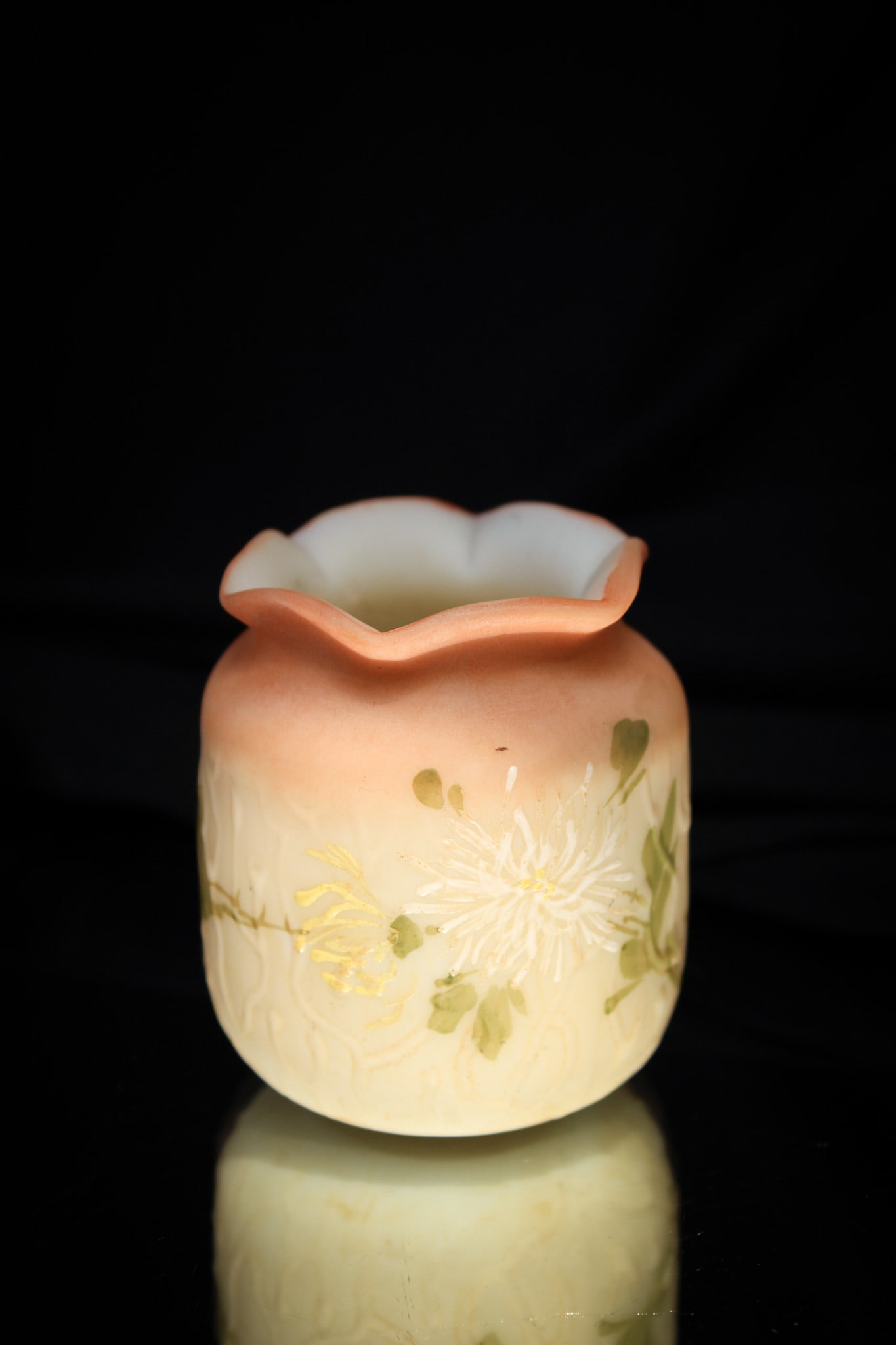 Mt. Washington Glass Spider Web Victorian Glass Toothpick Holder: Great offering here in this Mt. Washington "Spider Web" pattern Victorian toothpick. This one with pseudo burmese coloring and florals. Nice!