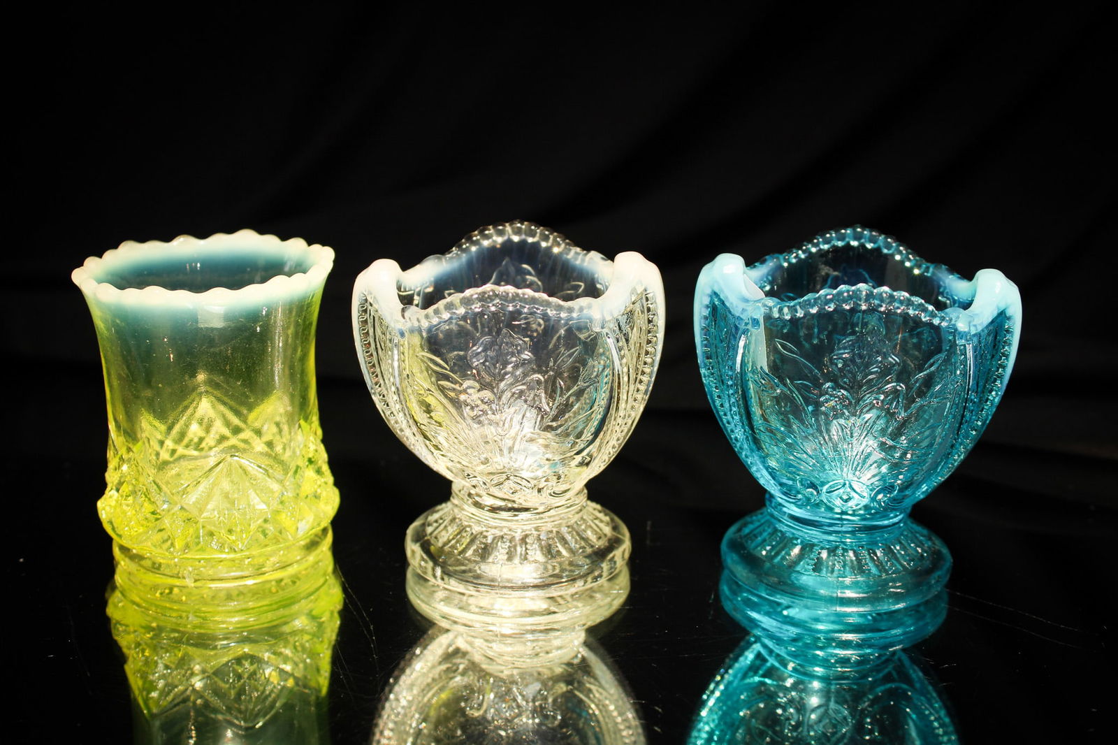 3 pc Lot Northwood & More Opalescent Victorian Toothpick Holders: Nice offering if you need them. This gracious offering of Victorian toothpicks is comprised of two Northwood opalescent "Wild Bouquet" pattern examples. The third is a vaseline opalescent "Diamond Spe