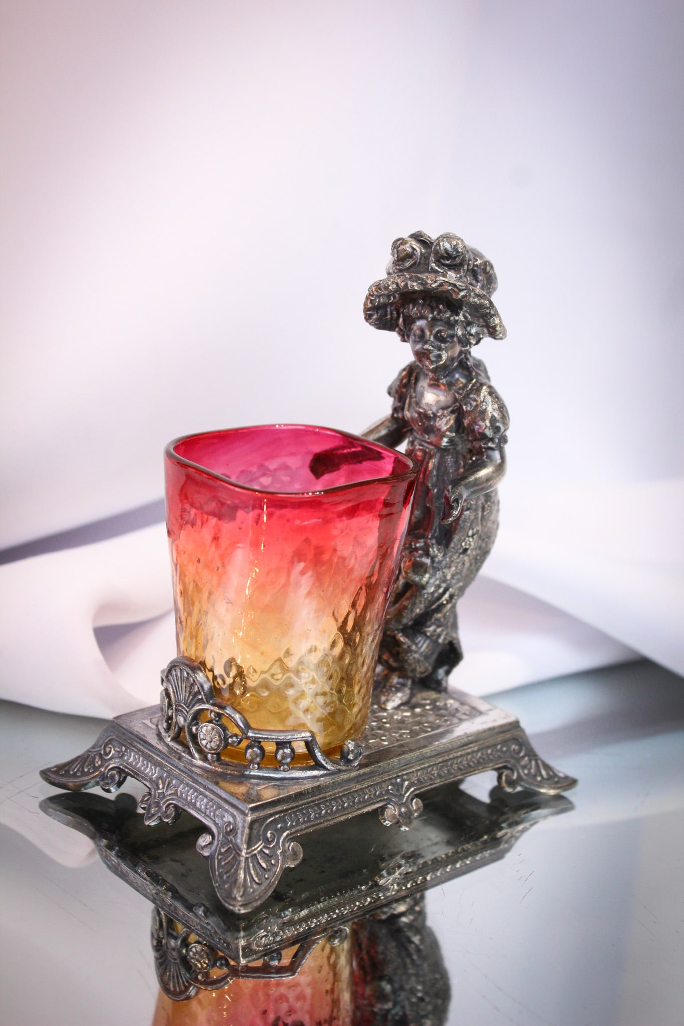 Tufts Silverplate Kate Greenaway Amberina Glass Victorian Toothpick: Great signed "Tufts" Silverplate Victorian figural Kate Greenaway frame complete with a new England glass amberina glass toothpick holder.