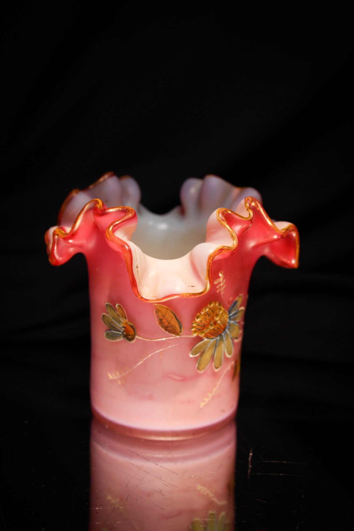Victorian Pink Satin Enameled Toothpick Holder: Pretty in pink with this little charmer here. Pink satin cased example with the welcome addition of enameled floral decoration. Such a sweetie!