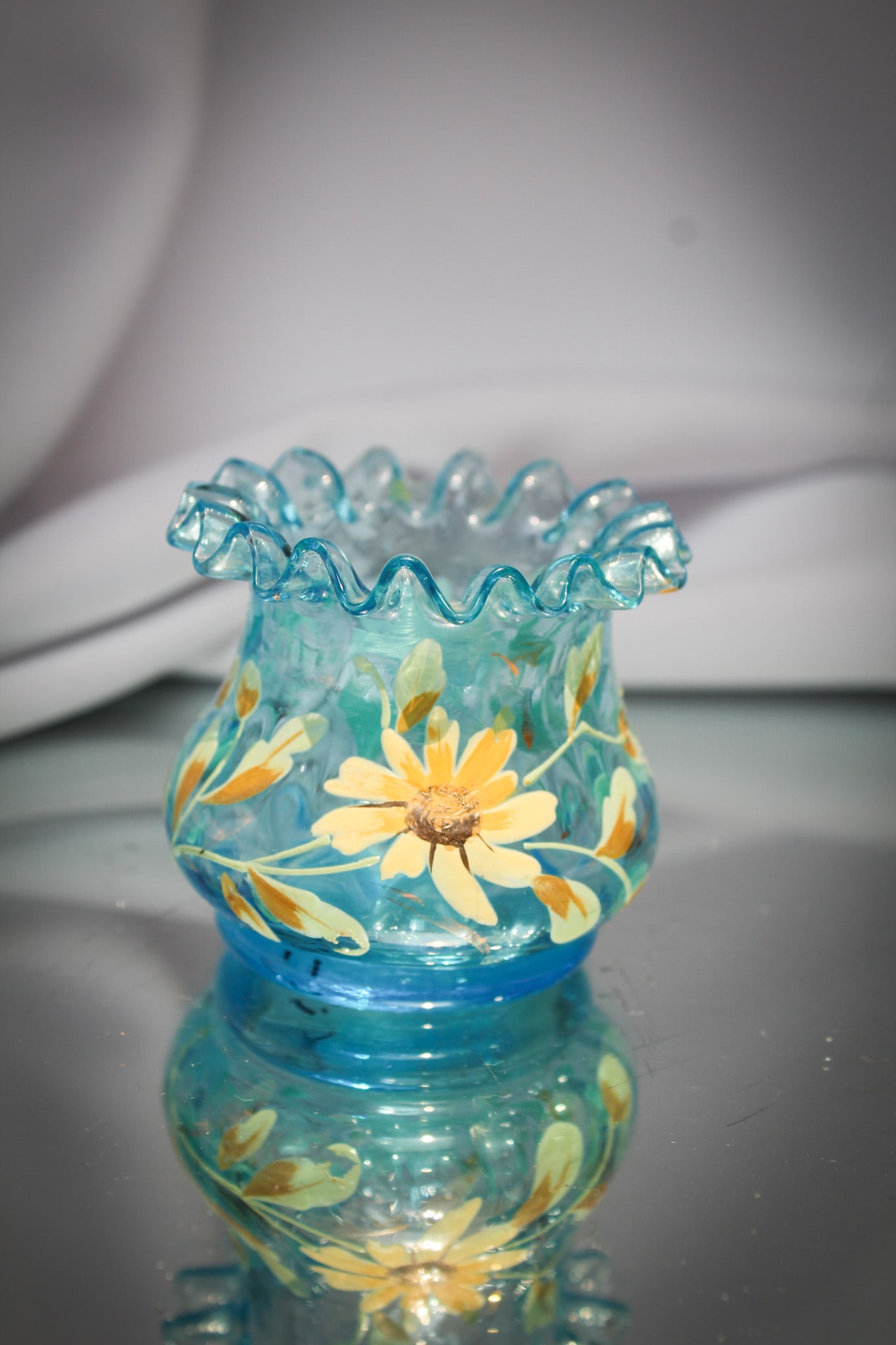 Blue Ruffled Top Victorian Enameled Glass Toothpick Holder: Another fine example of a blue ruffled top version toothpick holder with enameled floral decoration. So pretty. You should bid!