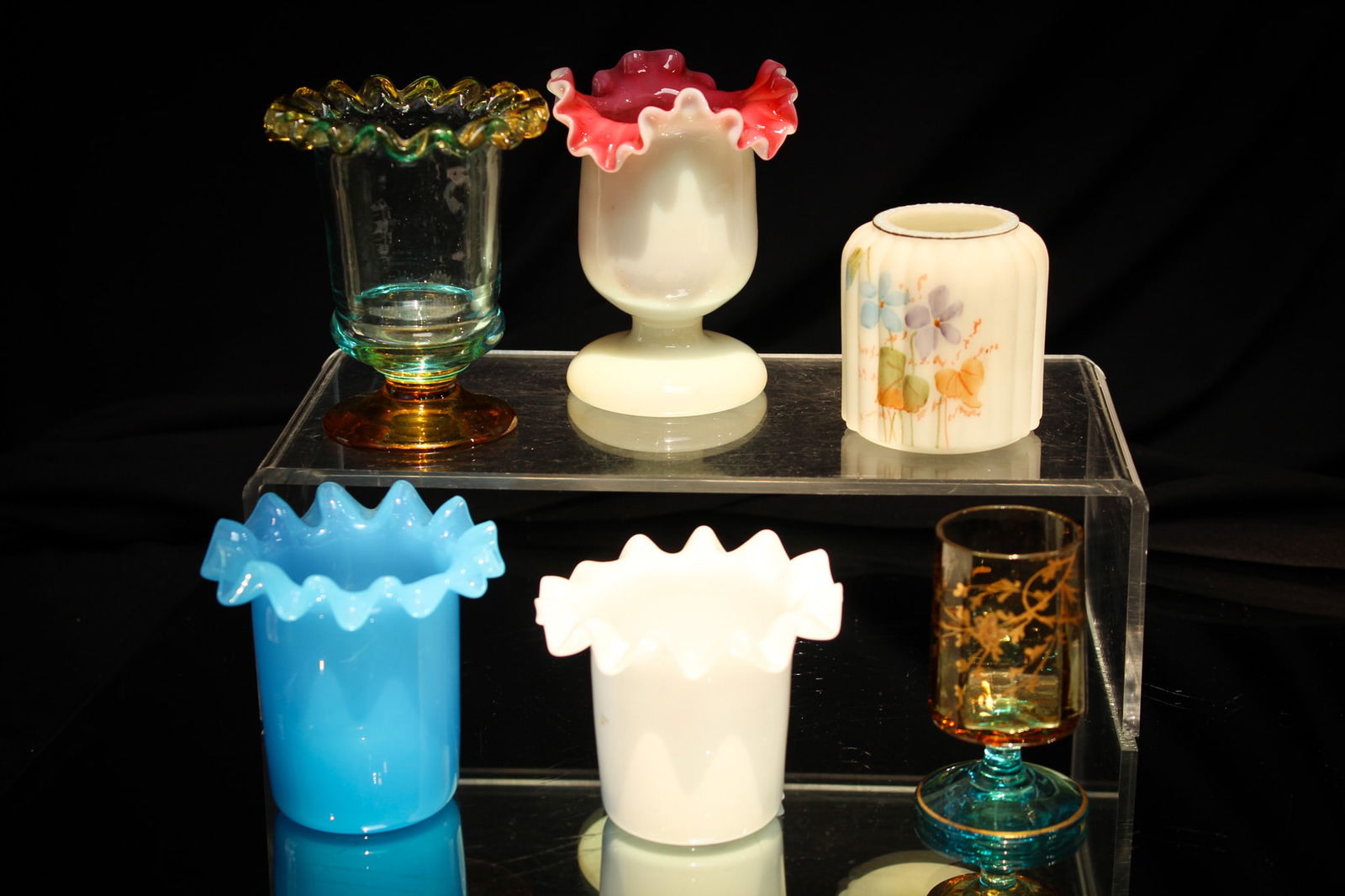 6 pc Lot Victorian Glass Toothpick Holders: Nice offering here of six Victorian toothpick holders in ruffled top treatments and more. One is a glossy Mt. Washington opal example.