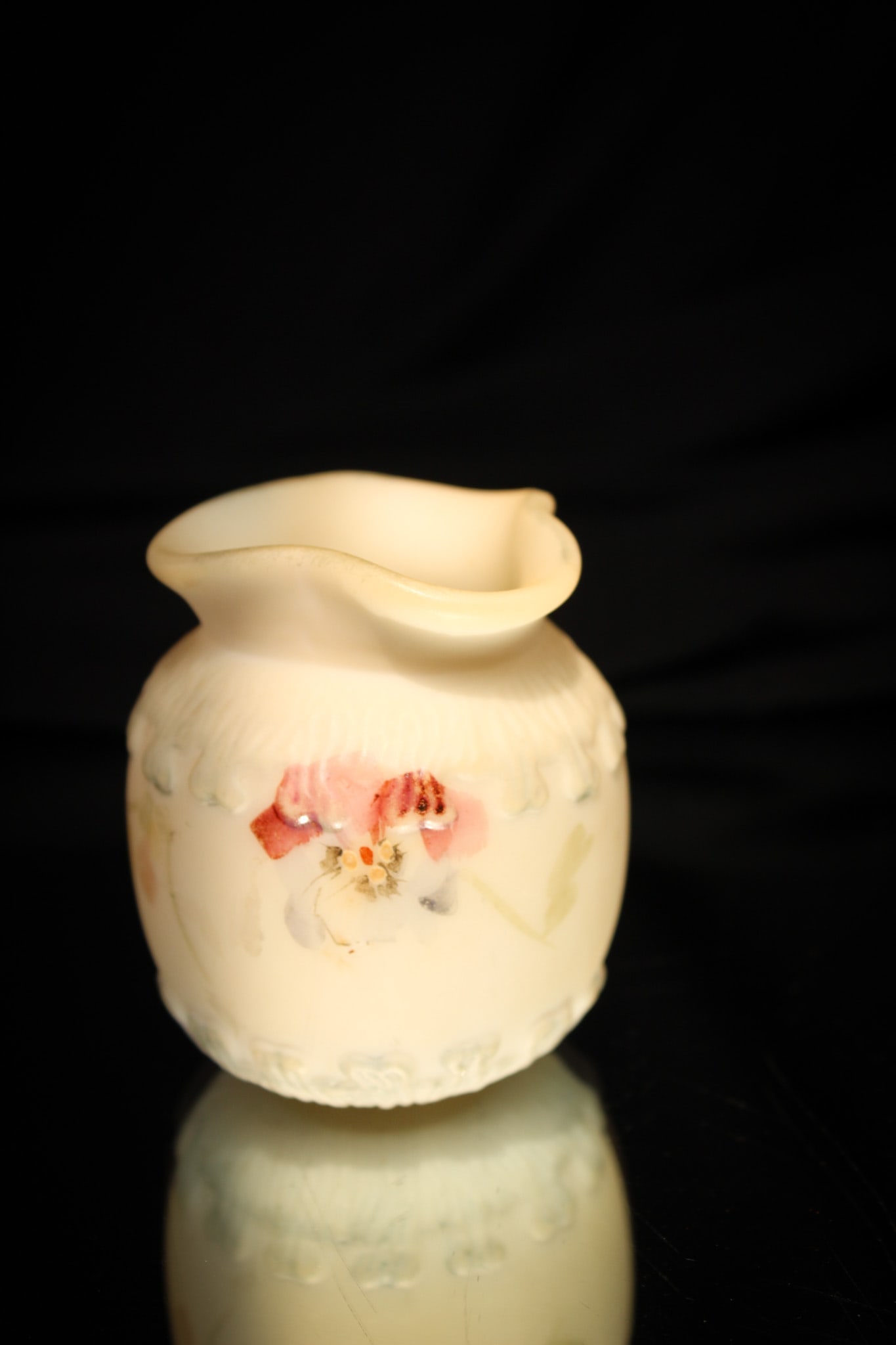 Mt. Washington Lusterless Greek Key Toothpick Holder: Beautiful Mt. Washington lusterless "Parallel Greek Key" pattern Victorian toothpick holder with a bounty of pansies decorating it.