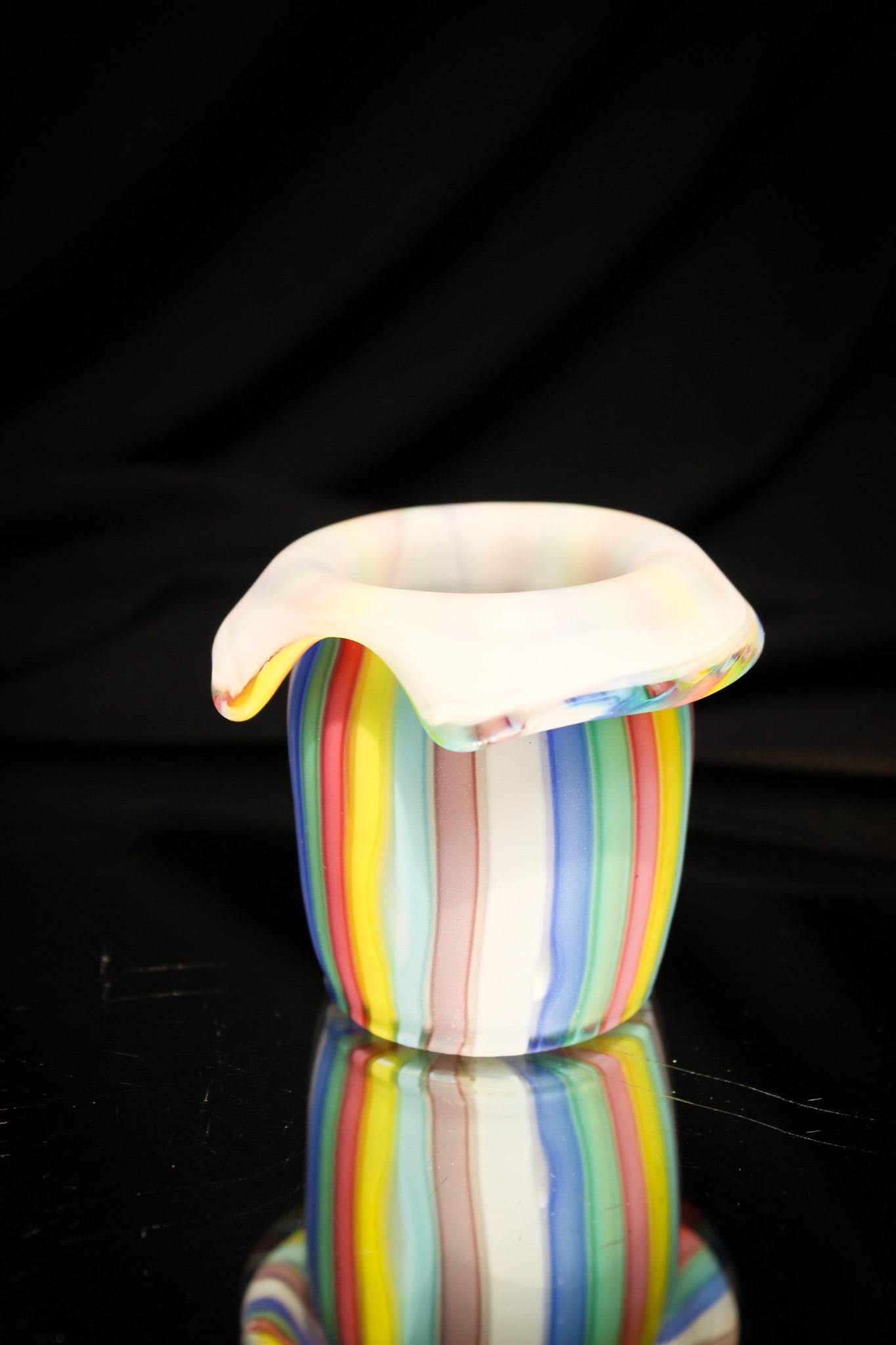 Italian Murano Glass Rainbow Satin Stripe Toothpick Holder: Great Italian Murano glass ribbon stripe toothpick holder. Nice array of colors around the piece.