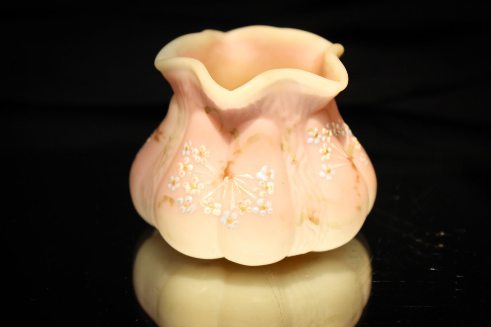 Mt. Washington Burmese Fig Toothpick Holder: Fine example of a burmese Mt. Washington "Fig" mold Victorian toothpick holder with enameled florals. Great piece and so pretty!