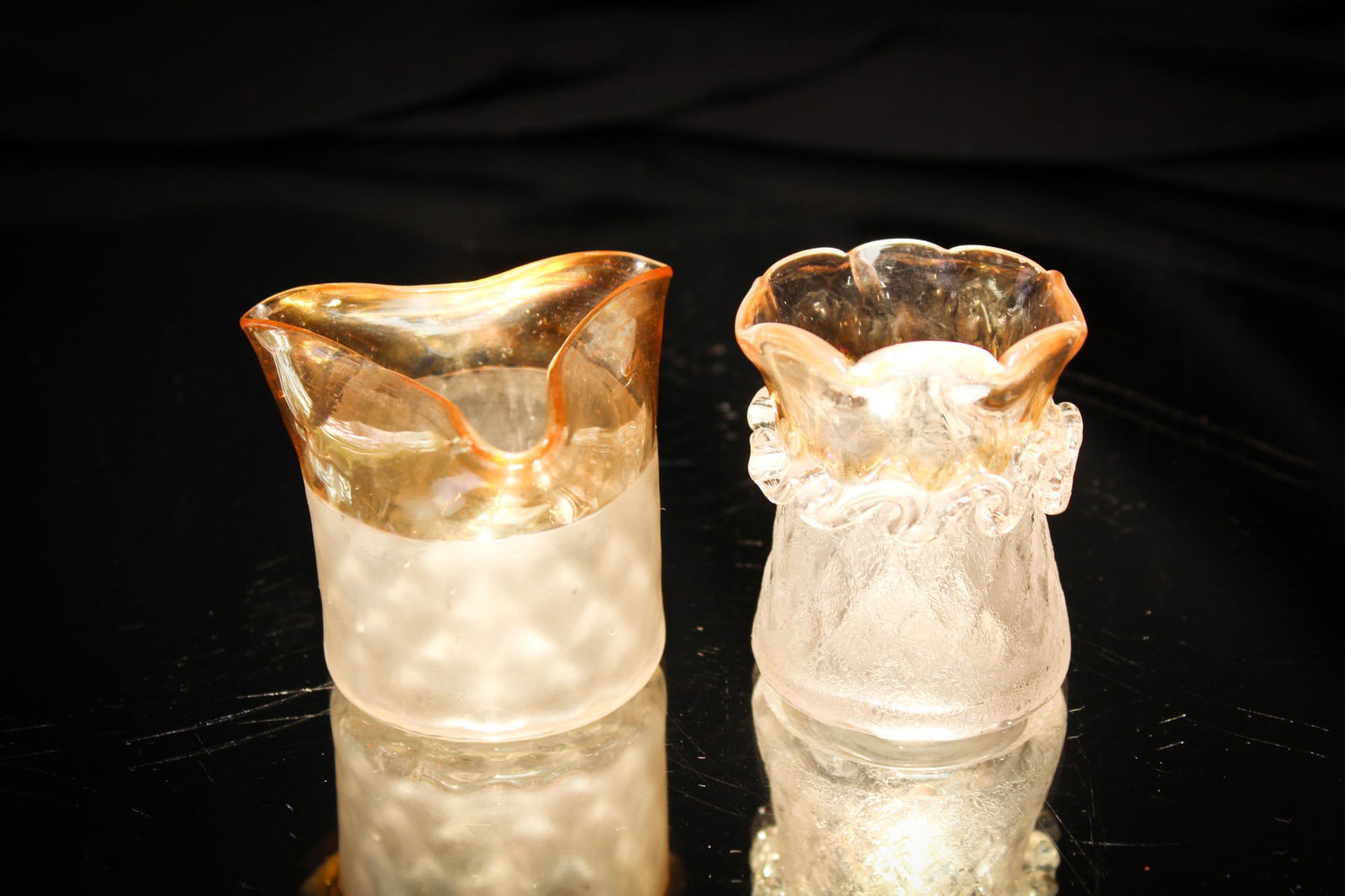 2 pc Lot Victorian New England Glass Pomona Toothpick Holders: Nice pairing of two fine examples of New England Glass "Pomona" toothpicks. One in a tri-corner form. The other has applied rigaree around the neck.