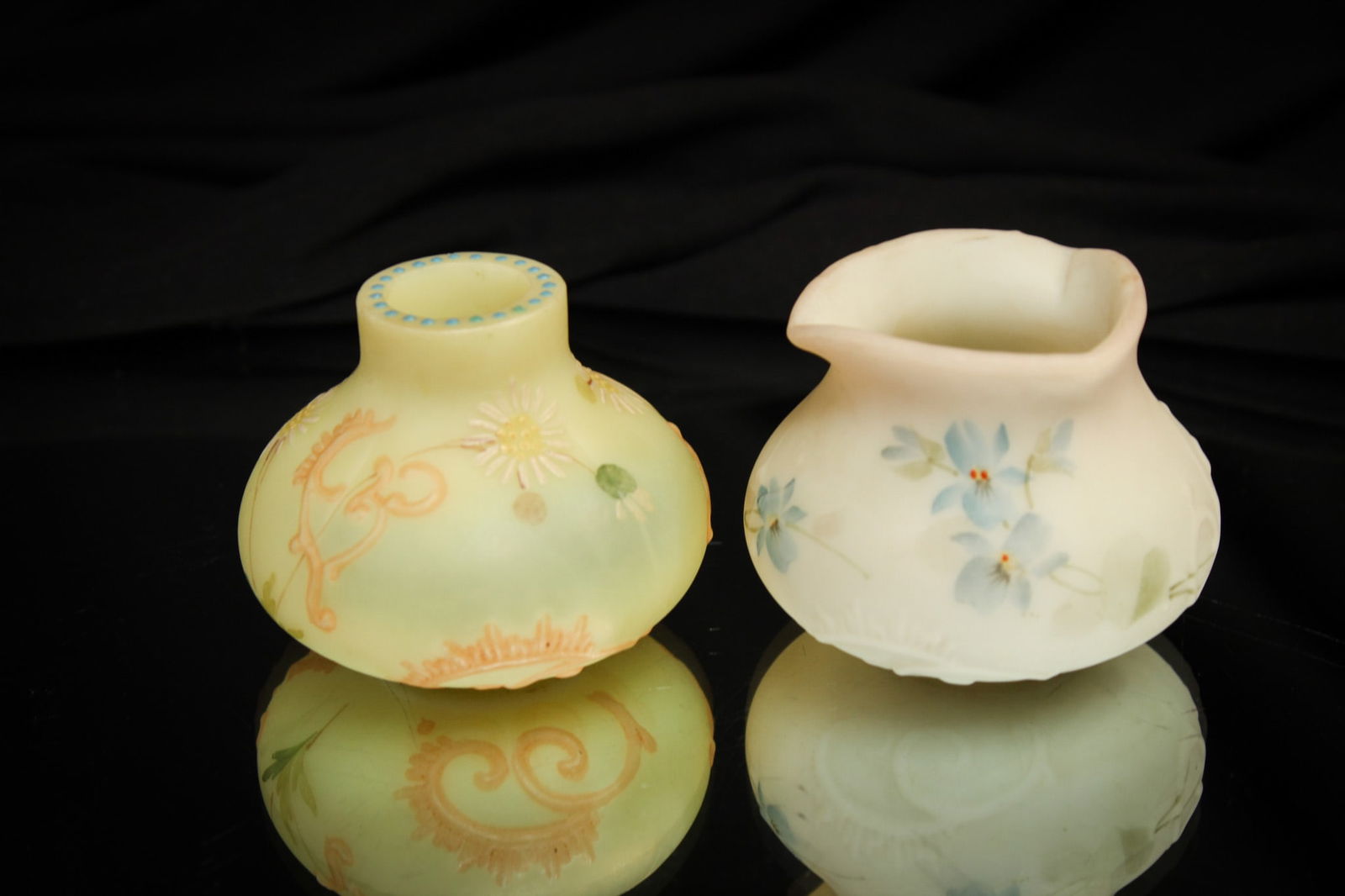 2 pc Lot Mt. Washington Glass Toothpick Holders: Two fine examples of Mt. Washington glass Victorian toothpick holders. One in burmese. One in lusterless white.