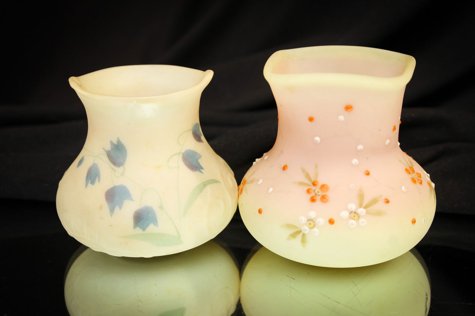 2 pc Lot Mt. Washington Burmese Victorian Toothpick Holders: Nice selections in this offering of two Mt. Washington Victorian glass toothpick holders.