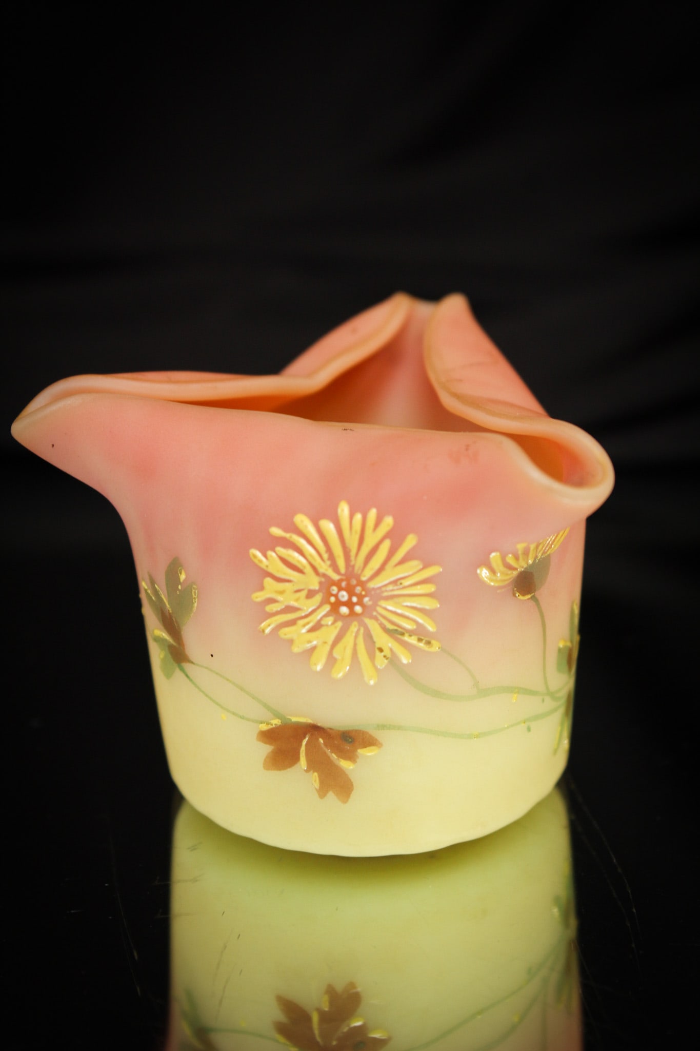 Mt. Washington Burmese Tri Corner Toothpick Holder: Super coloring and decoration make this a stand out example of a Mt. Washington glass toothpick holder.