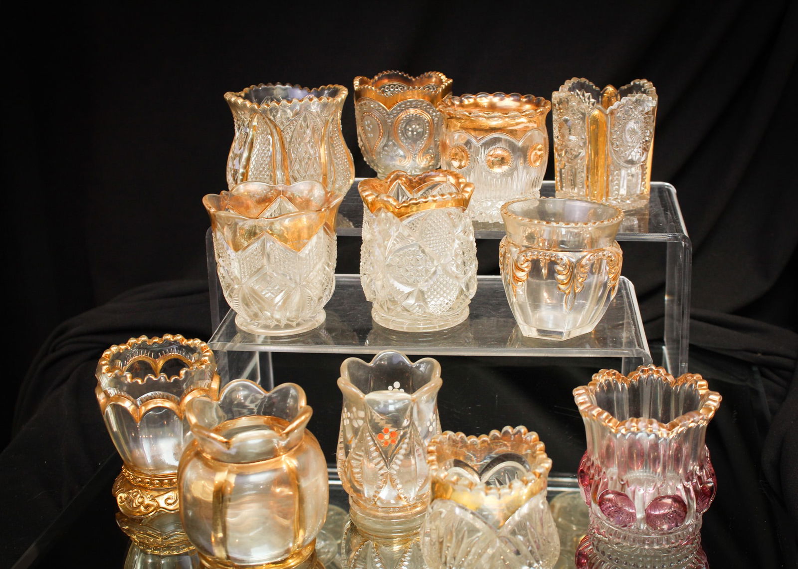 12 pc Lot Victorian Gilt Pattern Glass Toothpick Holders: Nice array of Victorian glass toothpick holders with gilt decoration. There's some gold in them there toothpicks!