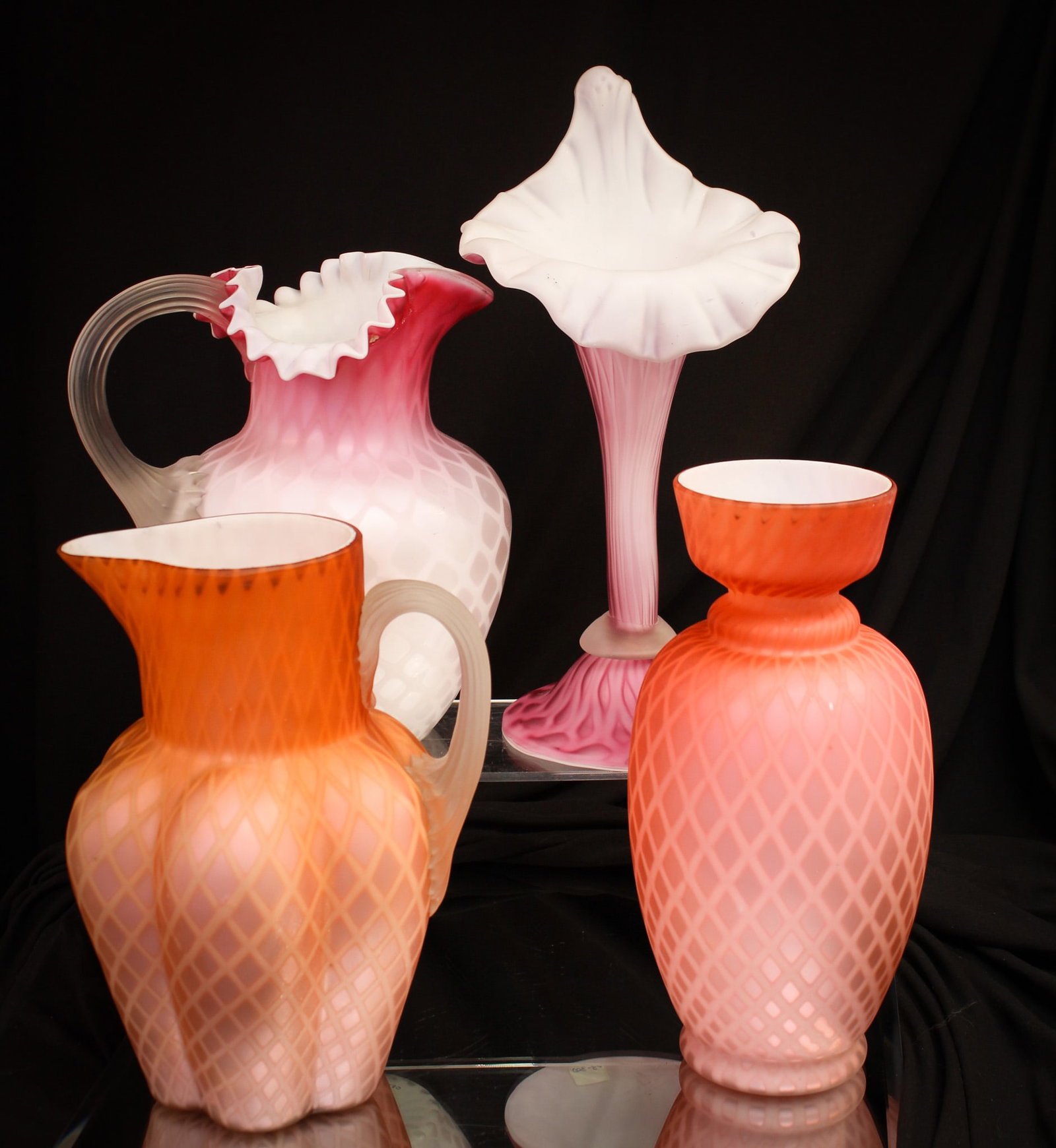 4 pc Lot Mother of Pearl Satin Glass: Select offering of four fine pieces of mother of pearl satin glass in unique forms and colors.