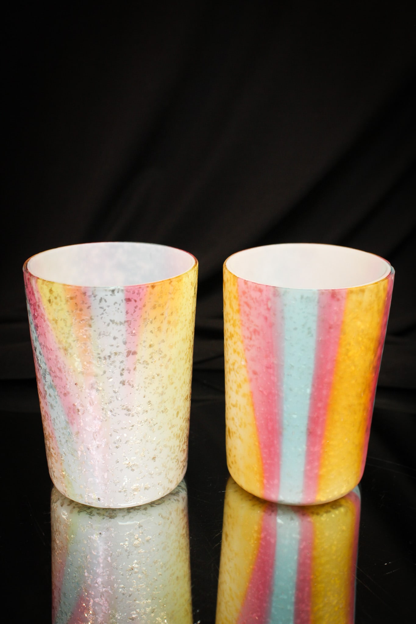 2 pc Lot Rainbow Spangle Victorian Glass Tumblers: We have paired these two examples of the same tumbler together for your bidding pleasure. One in satin finish. The other glossy.