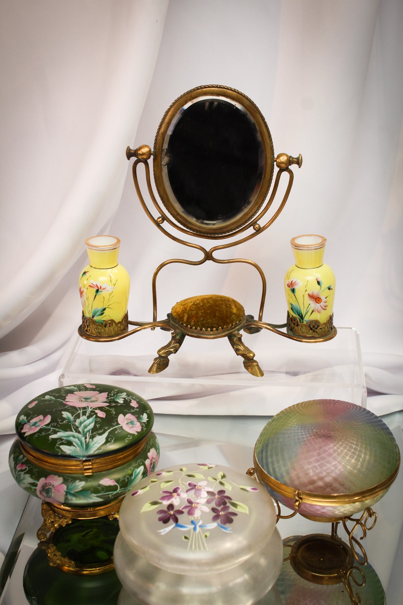4 pc Art Glass & More Vanity Dresser Items: Three great pieces of art glass in dresser items. Lot is comprised of a French mirrored ormulu mounted pin cushion and bud vases in opaline glass, a fabulous rainbow diamond quilt covered powder jar,