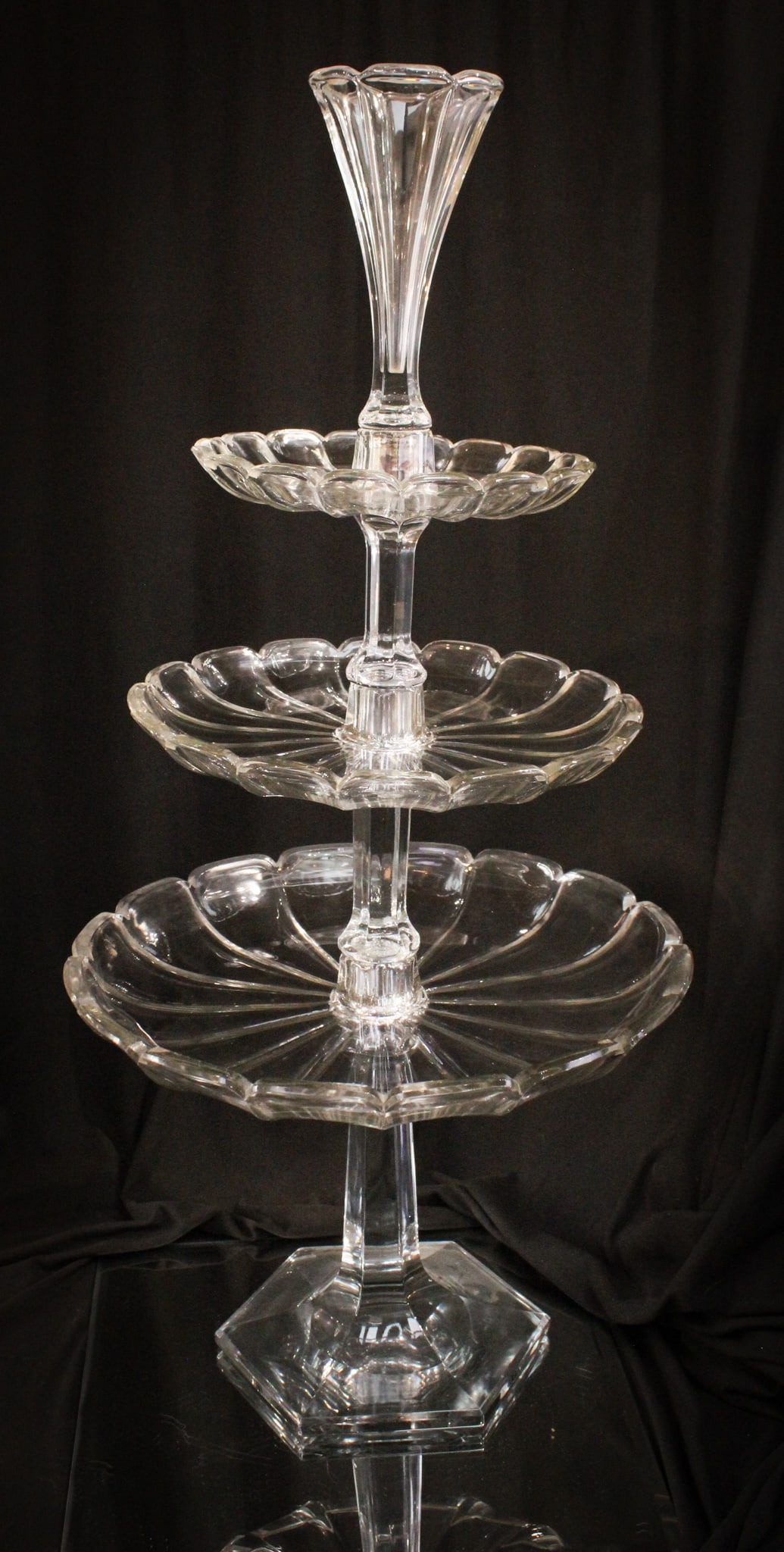 Rare Heisey Glass 3 Tier Epergne Centerpiece: Heisey glass at it's best in this showy and over the top large epergne centerpiece. Complete it measures a huge 29" tall. Make this the centerpiece of attention at your next dinner party.