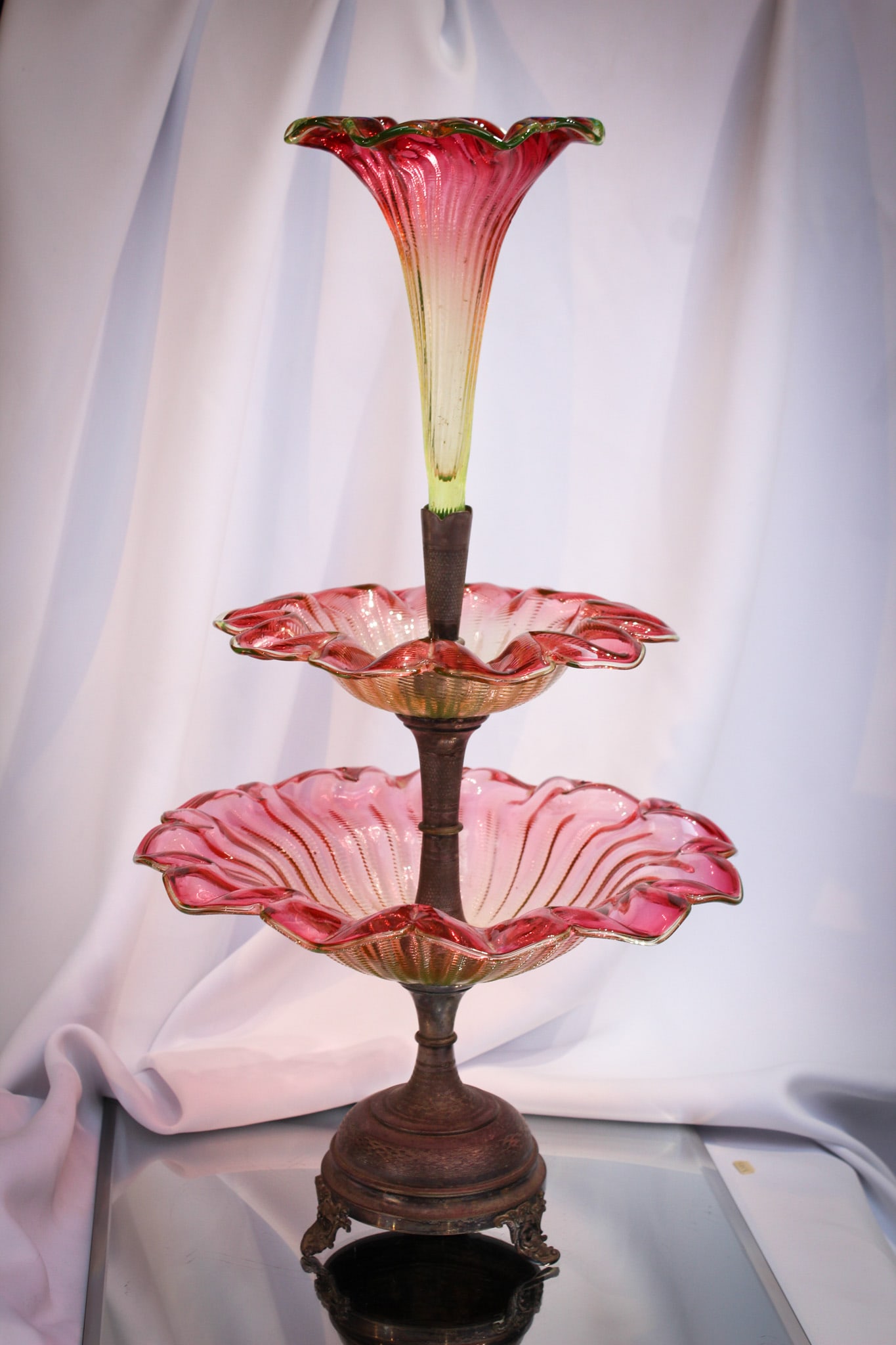 Rubina Verde Victorian Epergne Taza Centerpiece: Beautiful "Zipper" pattern rubina verde colored glass tazza Victorian centerpiece epergne. Great color to this fine example.