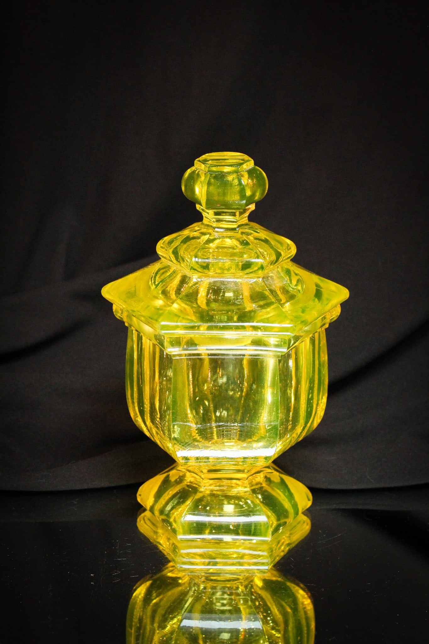 Victorian Vaseline Flint Glass Covered Sugar: Gorgeous deep vaseline flint glass Victorian covered sugar bowl . A beauty and boy does she light up under black light!